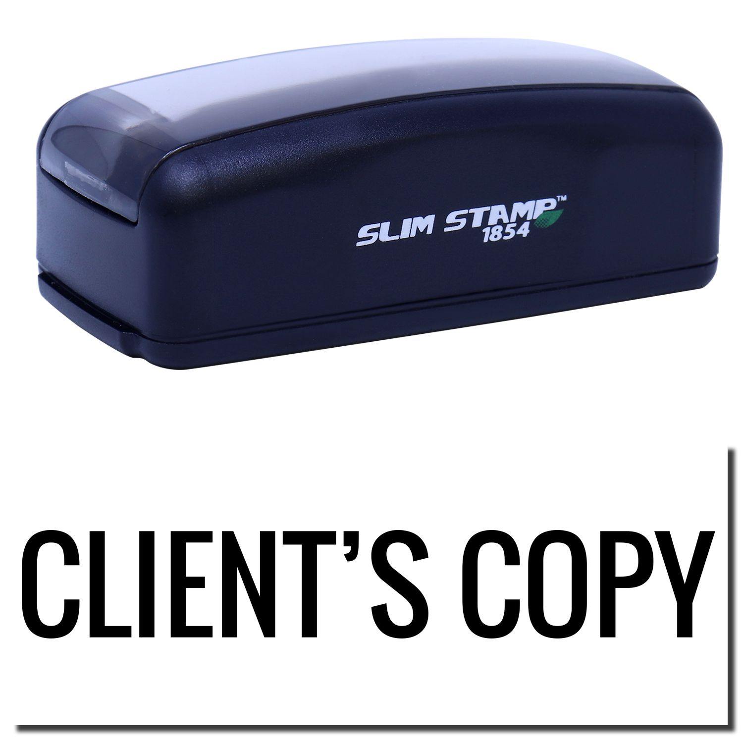 Large Pre-Inked Client's Copy Stamp in black with CLIENT'S COPY text imprint, featuring a compact, sleek design for efficient stamping.