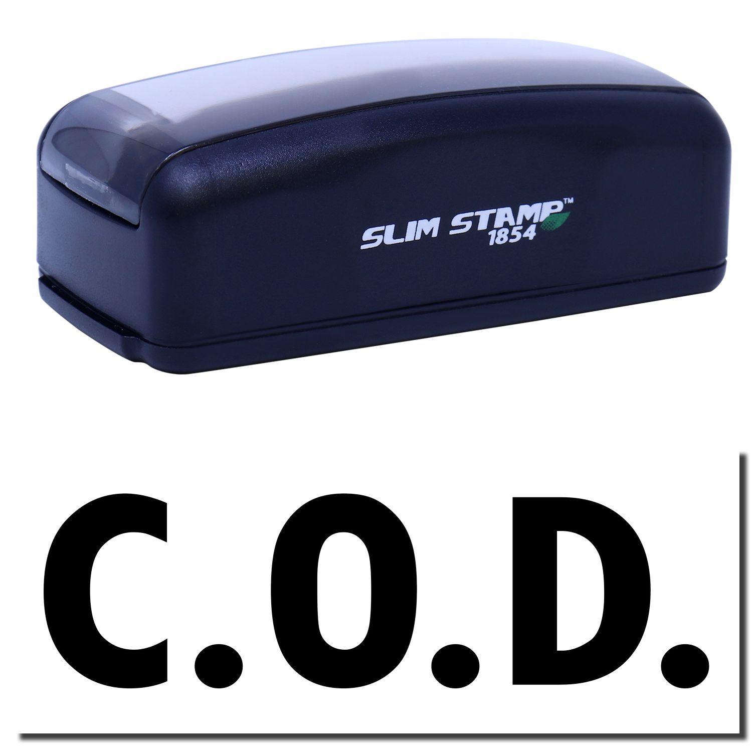 Large Pre-Inked C.O.D. Stamp in black with SLIM STAMP 1854 branding, shown above a bold C.O.D. imprint.