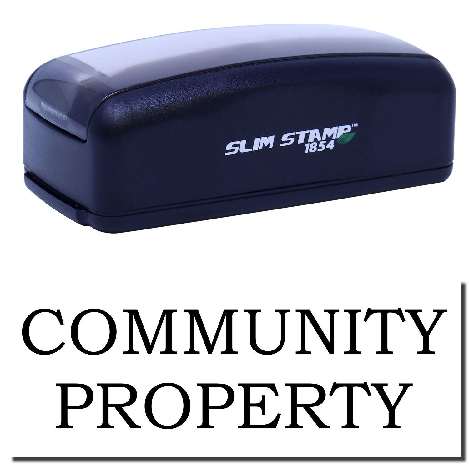 Large Pre-Inked Community Property Stamp in black with COMMUNITY PROPERTY text below. Compact design, ideal for marking property.