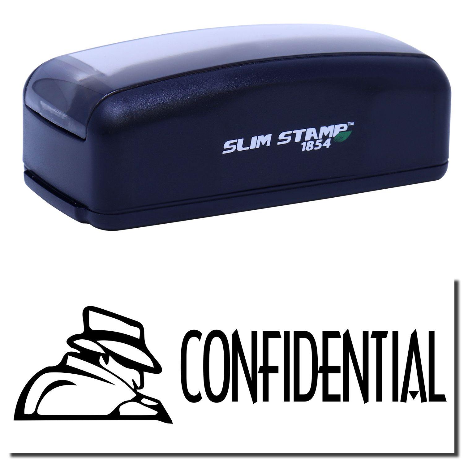 Large Pre-Inked Confidential with Logo Stamp, black, featuring a sleek design and a CONFIDENTIAL imprint with a logo of a person in a hat.