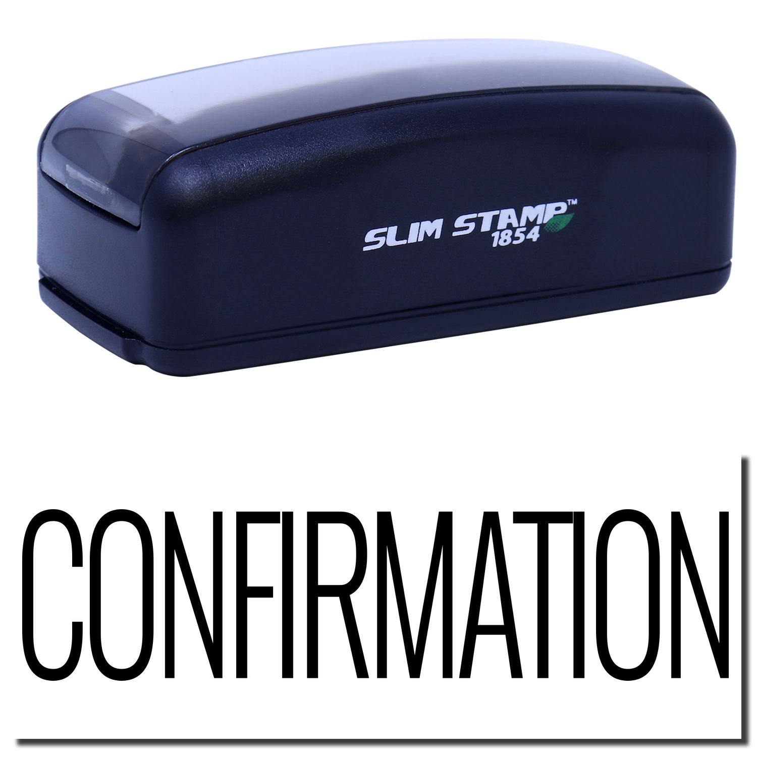 Large Pre-Inked Confirmation Stamp in black with CONFIRMATION text imprint, featuring a compact design and SLIM STAMP 1854 branding.