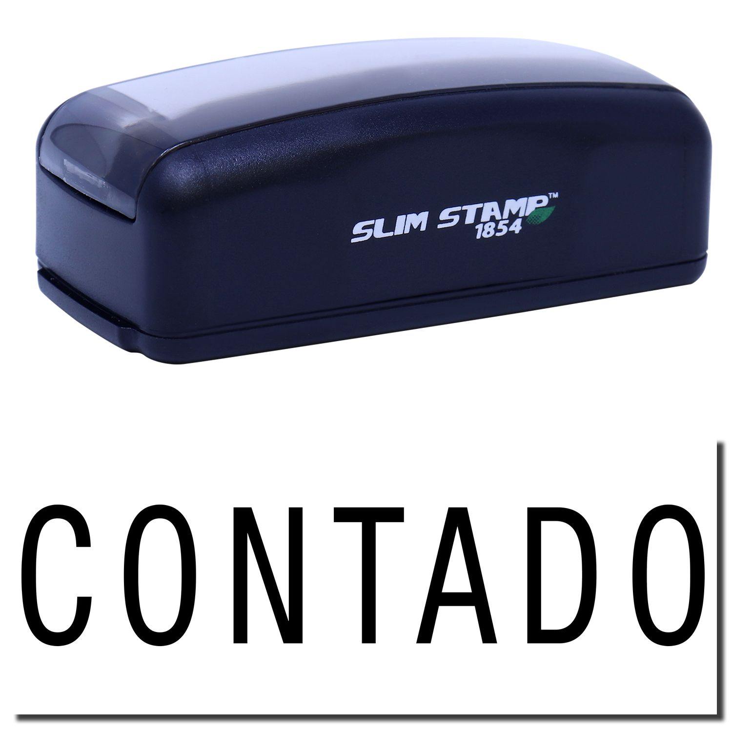 Large Pre-Inked Contado Stamp in black with SLIM STAMP 1854 branding, shown with a clear imprint of the word CONTADO .