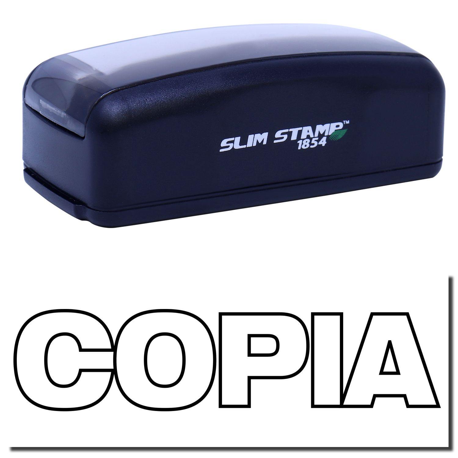 Large Pre-Inked Copia Stamp in black with SLIM STAMP 1854 branding, shown with a clear imprint of the word COPIA below.