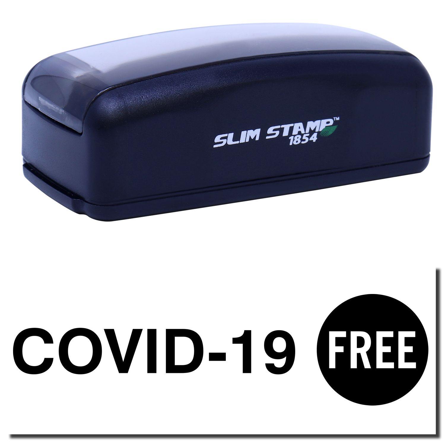 Large Pre-Inked Covid-19 Stamp in black with COVID-19 FREE text. Compact design, ideal for quick and clear stamping.