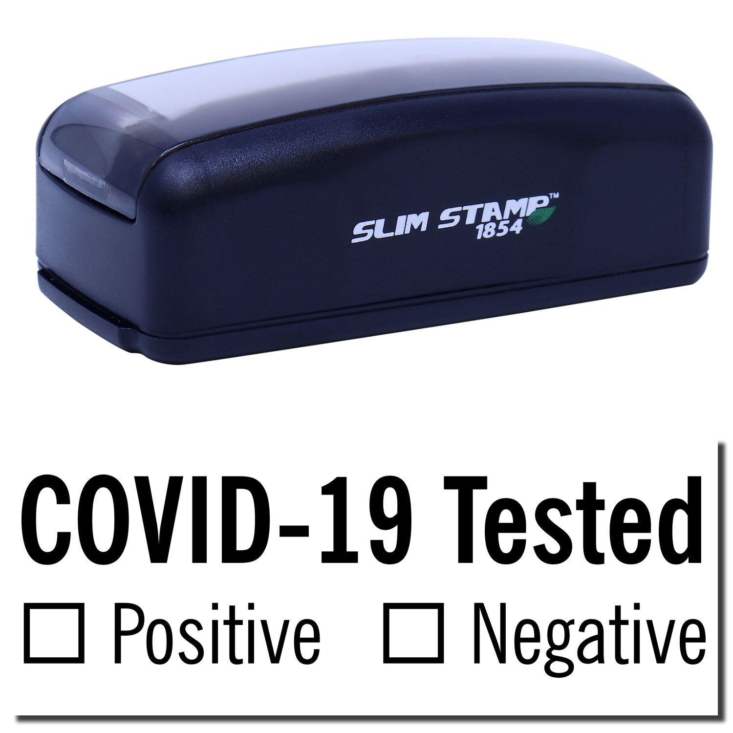 Large Pre-Inked Covid-19 Tested Stamp in black with options for marking Positive or Negative test results.