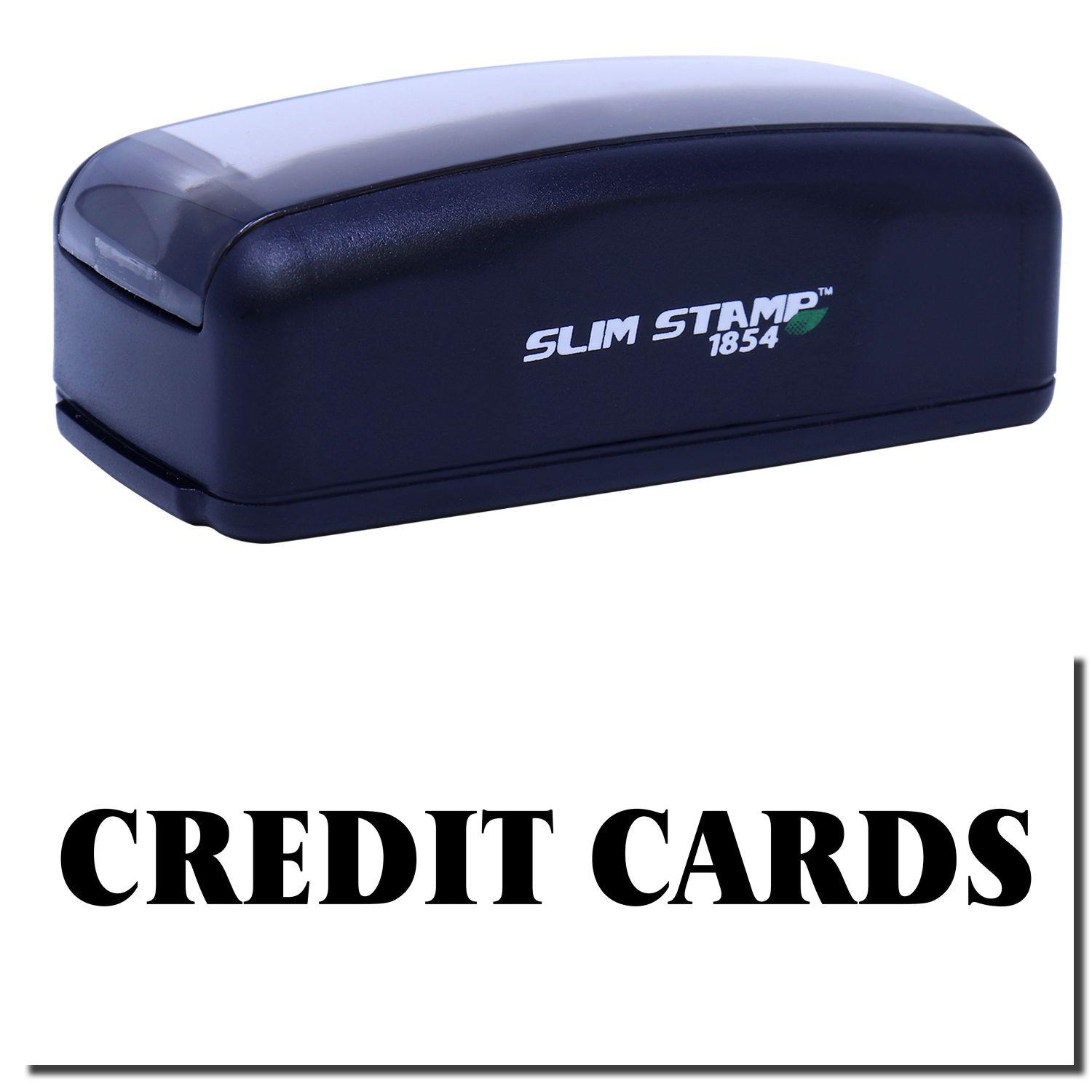 Large Pre-Inked Credit Cards Stamp in black with SLIM STAMP 1854 branding, designed for stamping credit card information.