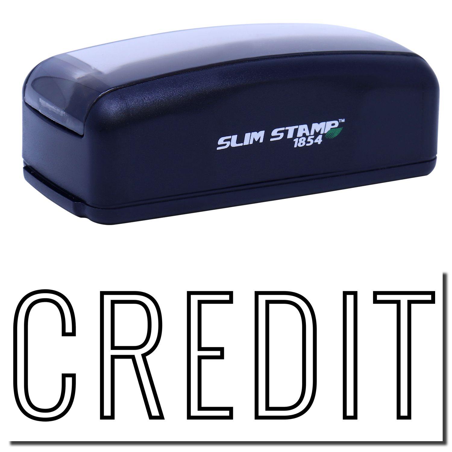 Large Pre-Inked Credit Outline Stamp in black with SLIM STAMP 1854 branding, shown above a stamped CREDIT text in outline style.