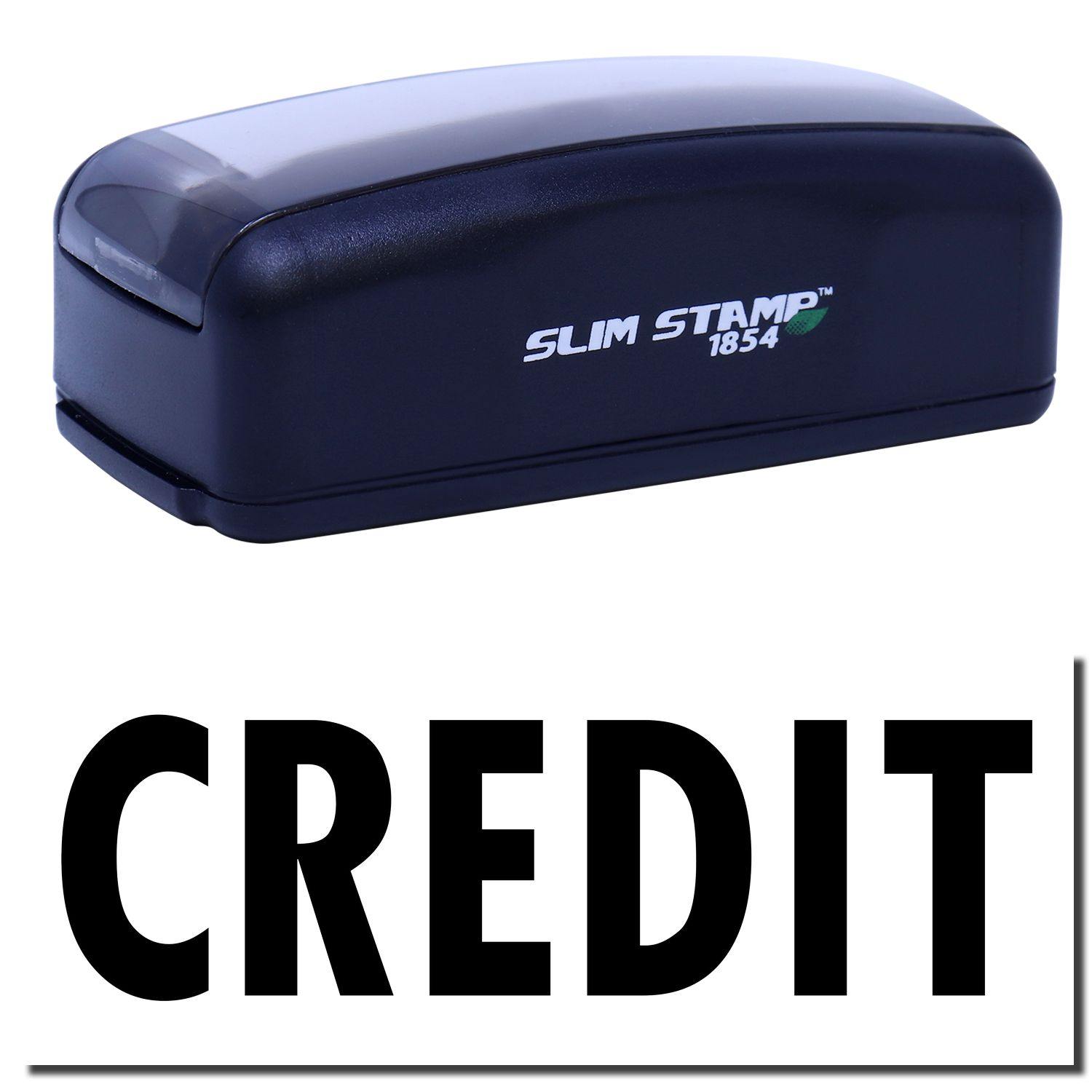 Large Pre-Inked Credit Stamp in black with SLIM STAMP 1854 branding, shown above a bold CREDIT imprint.