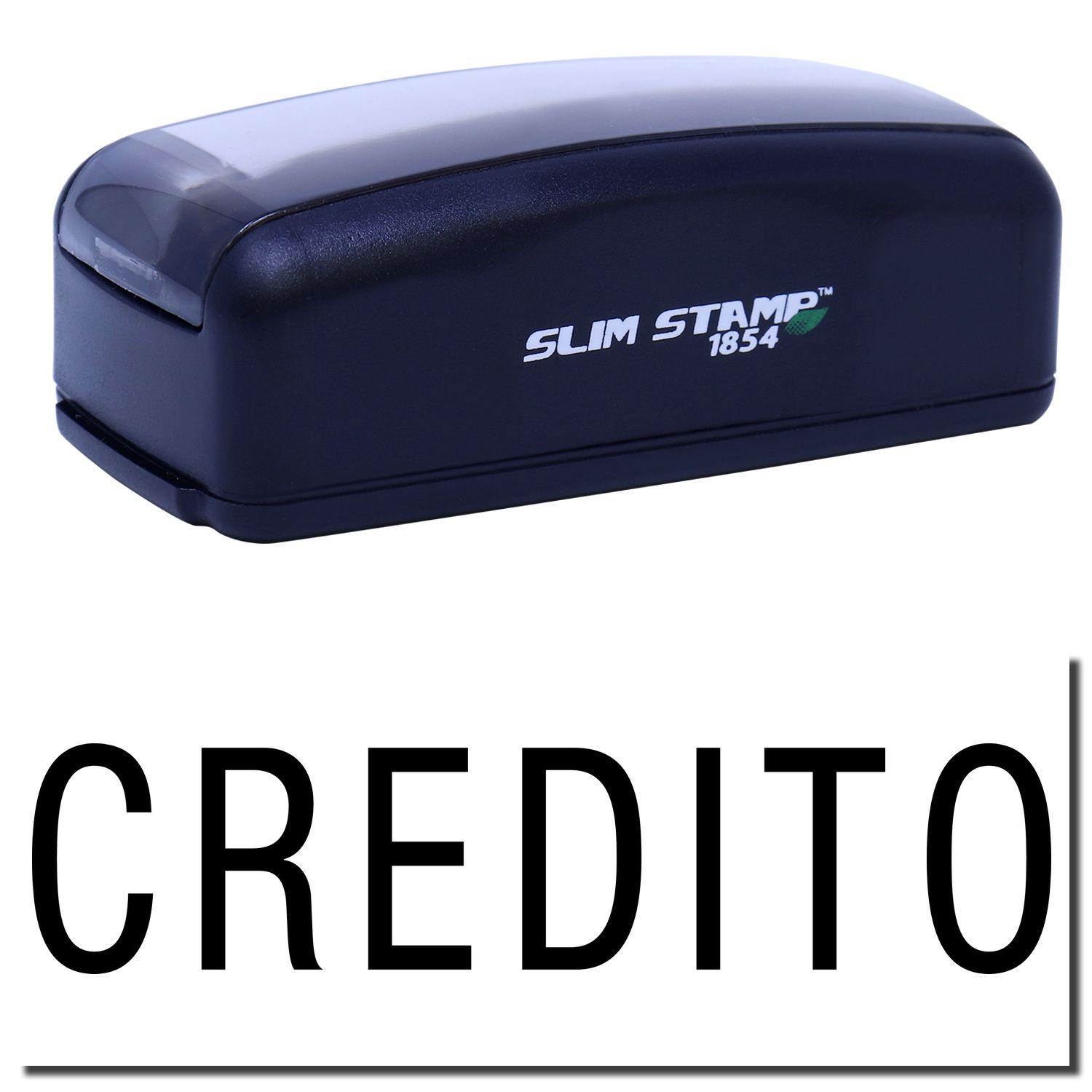 Large Pre-Inked Credito Stamp in black with SLIM STAMP 1854 branding, shown with the word CREDITO stamped below.