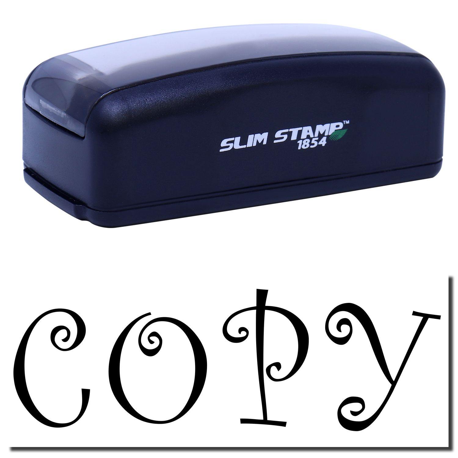 Large Pre-Inked Curly Copy Stamp in black with COPY text in curly font below. Slim Stamp 1854 branding visible on the stamp.