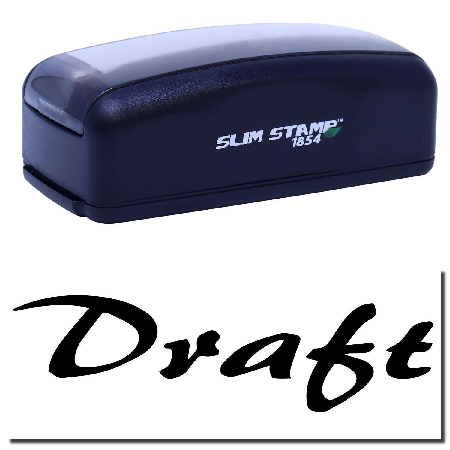 Large Pre-Inked Cursive Draft Stamp in black with Draft text in cursive below. Slim Stamp 1854 branding on the stamp.