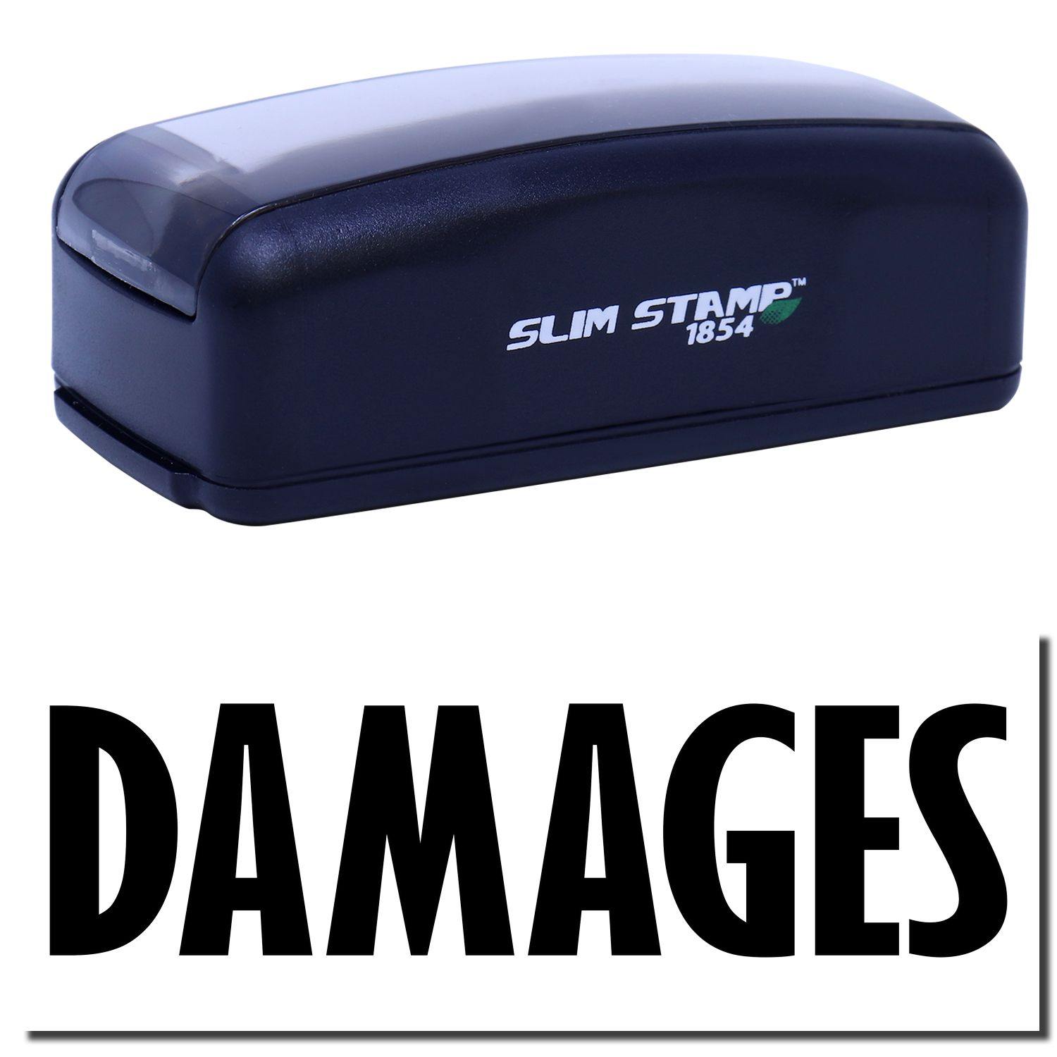 Large Pre-Inked Damages Stamp in black with DAMAGES text imprint, shown with a sleek, compact design and SLIM STAMP 1854 branding.