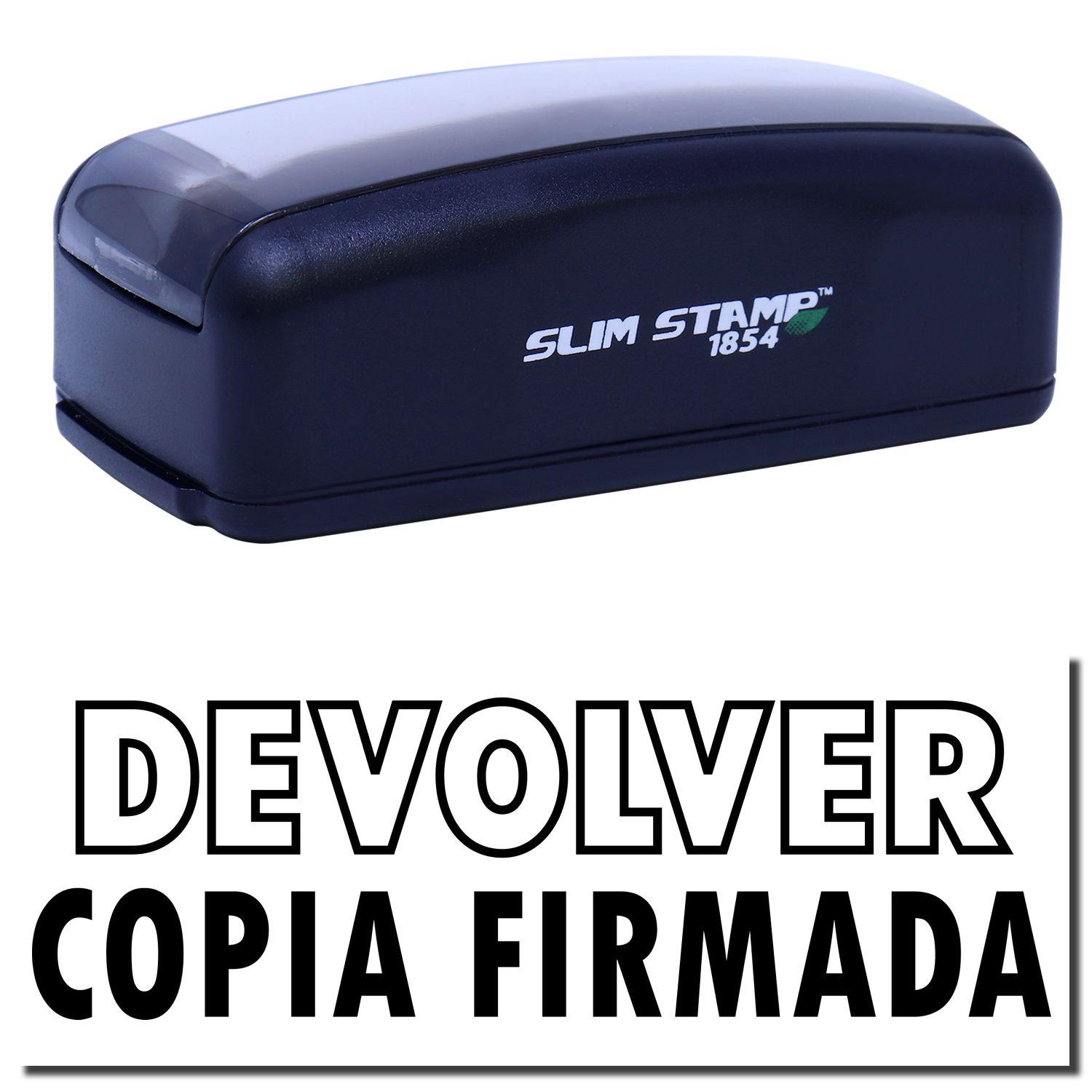 Large Pre-Inked Devolver Copia Stamp in black with SLIM STAMP 1854 text on the side, shown above DEVOLVER COPIA FIRMADA text.