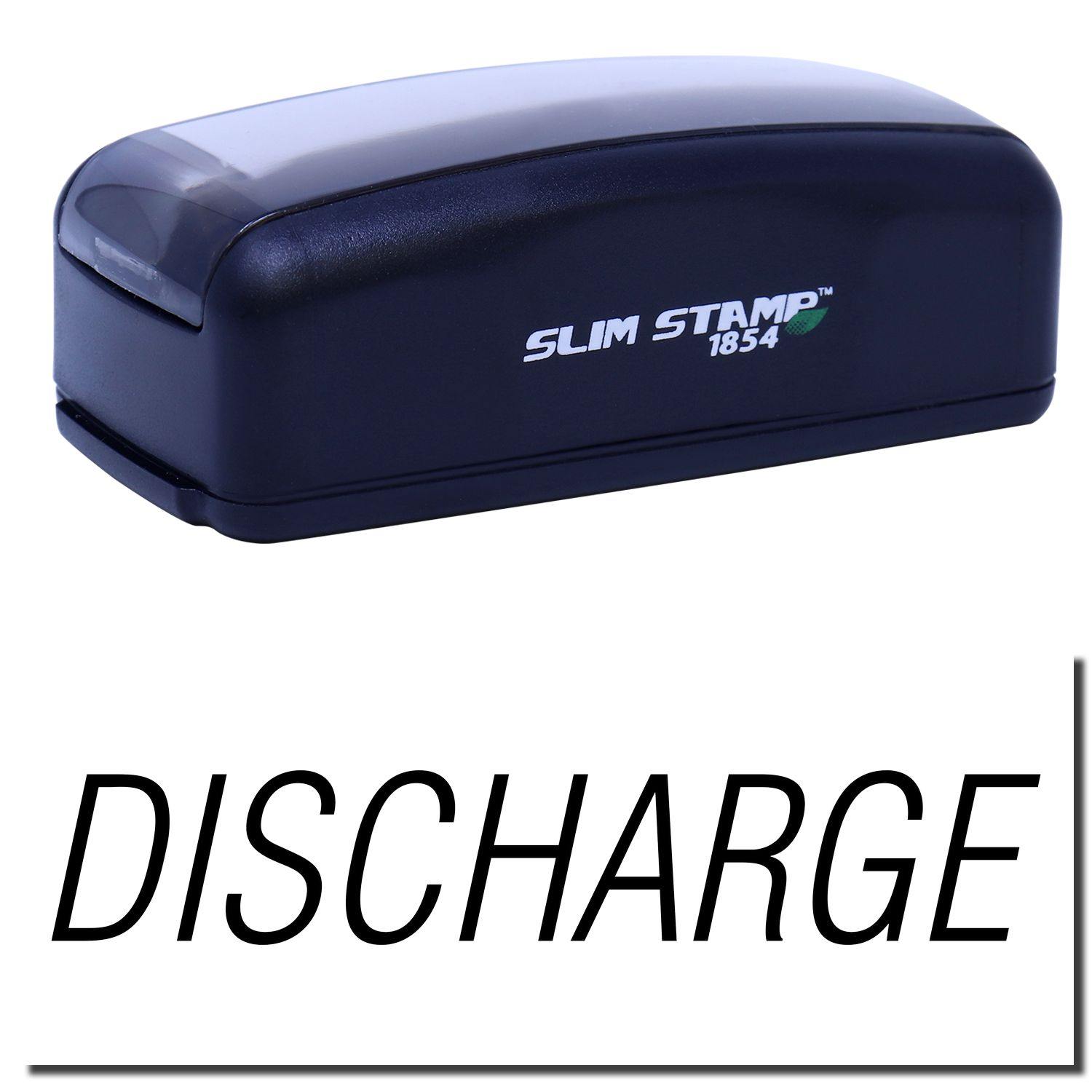 Large Pre-Inked Discharge Stamp in black with DISCHARGE text imprint, featuring a compact design and Slim Stamp 1854 branding.