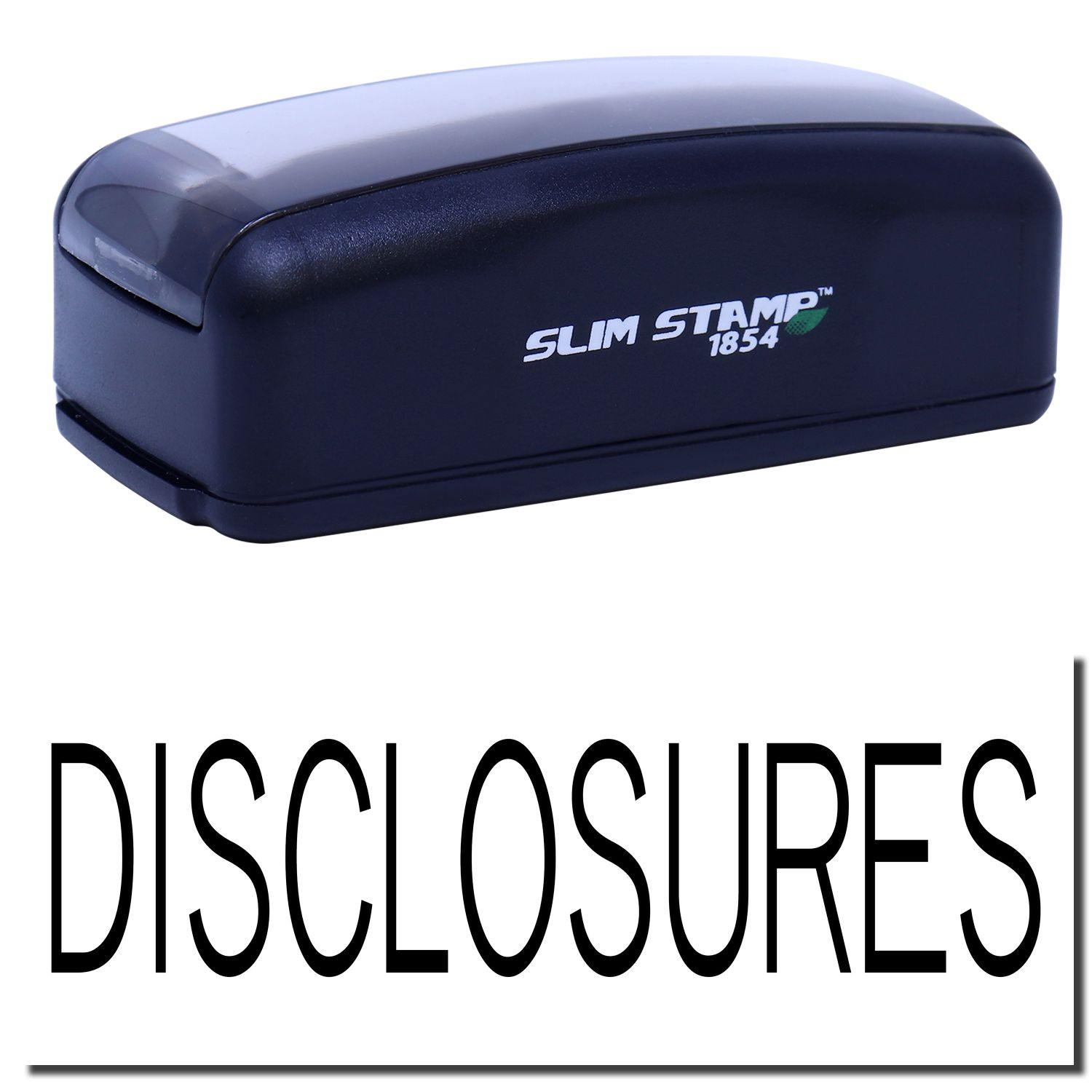 Large Pre-Inked Disclosures Stamp in black with DISCLOSURES text stamped below. Compact design with SLIM STAMP 1854 branding.