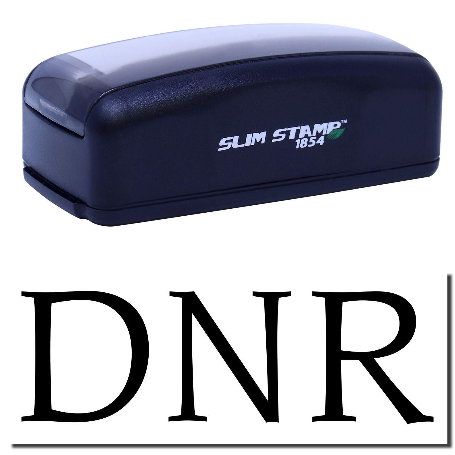 Large Pre-Inked DNR Stamp with black casing and SLIM STAMP 1854 branding, shown above a bold DNR imprint.