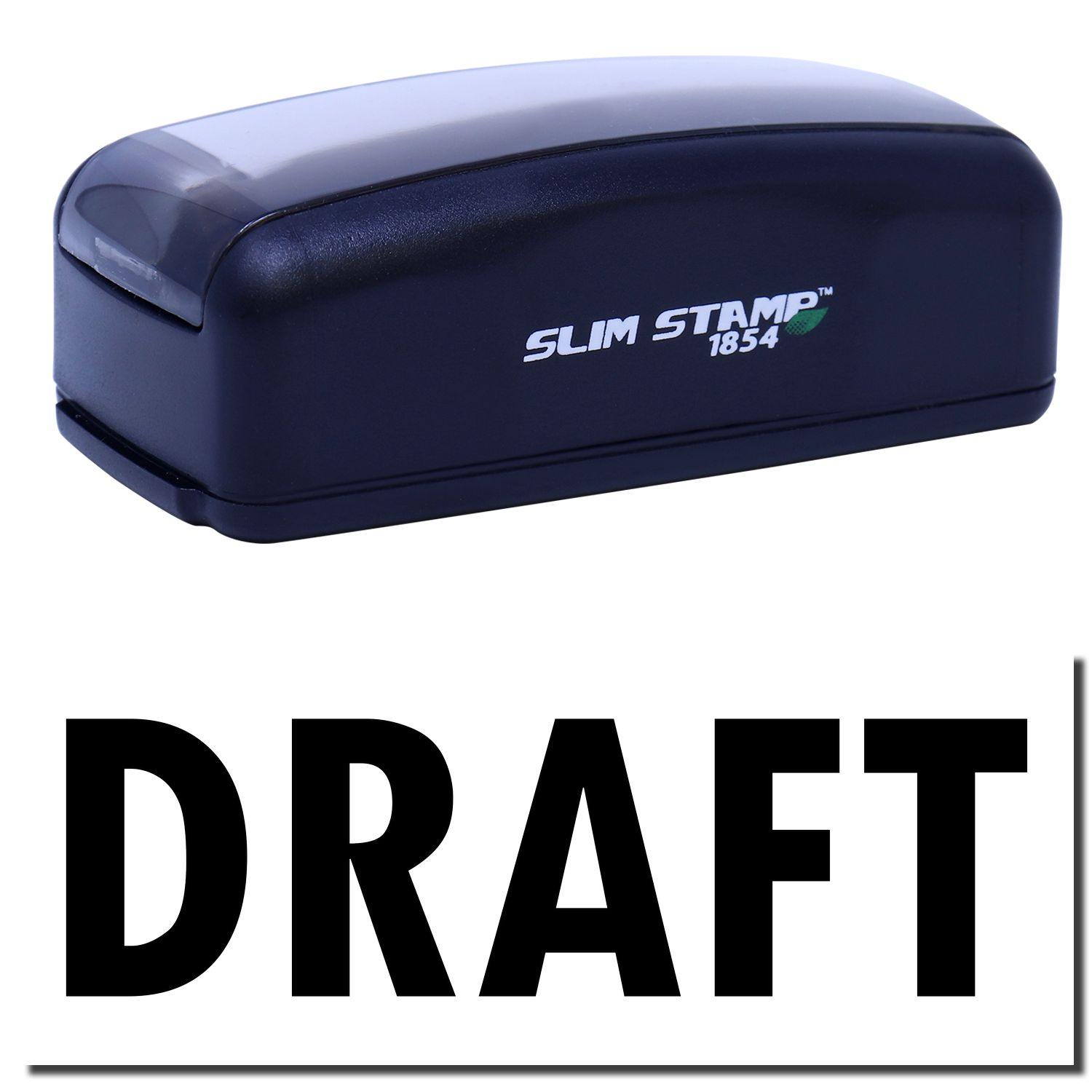 Image of a Large Pre-Inked Draft Stamp with a black casing and the word DRAFT stamped in bold black letters below it.