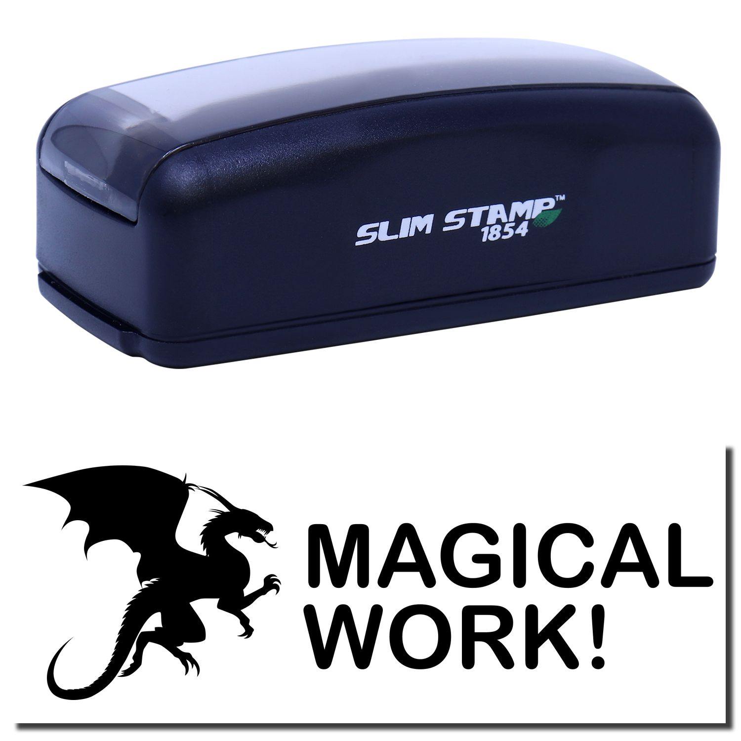 Large Pre-Inked Dragon Magical Work Stamp in black, featuring a dragon graphic and the text MAGICAL WORK! below the stamp.