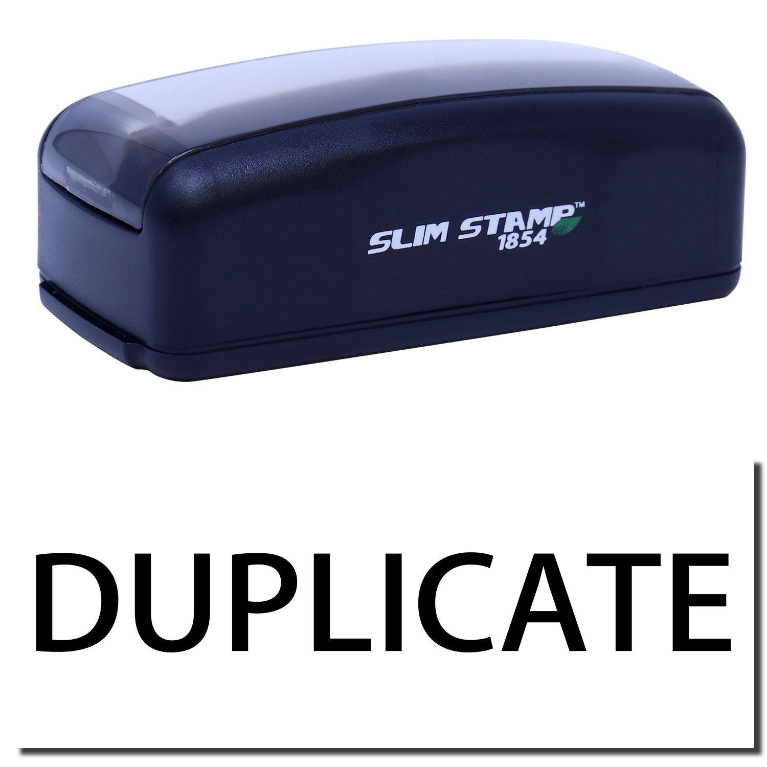 Large Pre-Inked Duplicate Stamp in black with SLIM STAMP 1854 branding, shown with the word DUPLICATE stamped below.