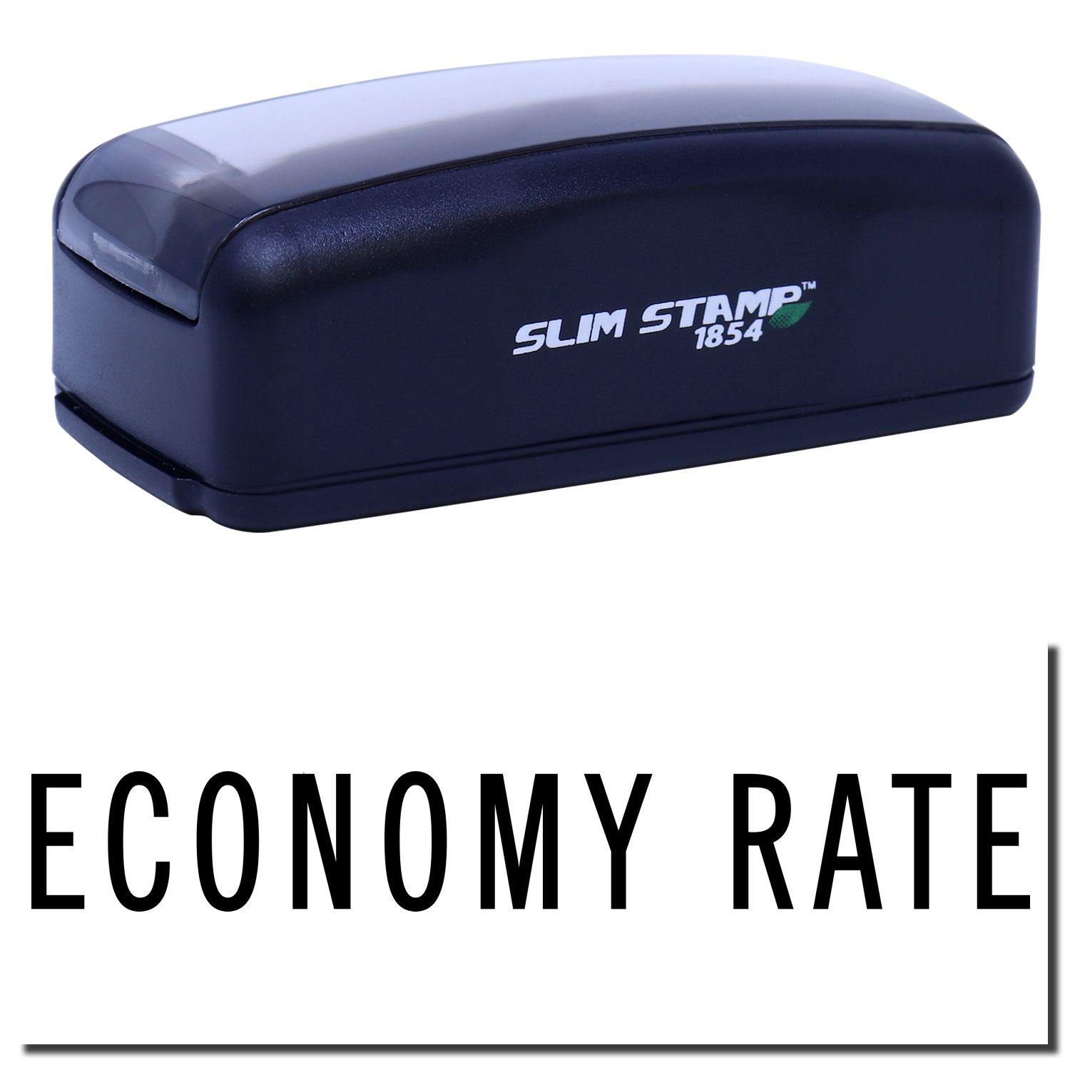 Large Pre-Inked Economy Rate Stamp with black casing and SLIM STAMP 1854 branding, shown stamping ECONOMY RATE text.