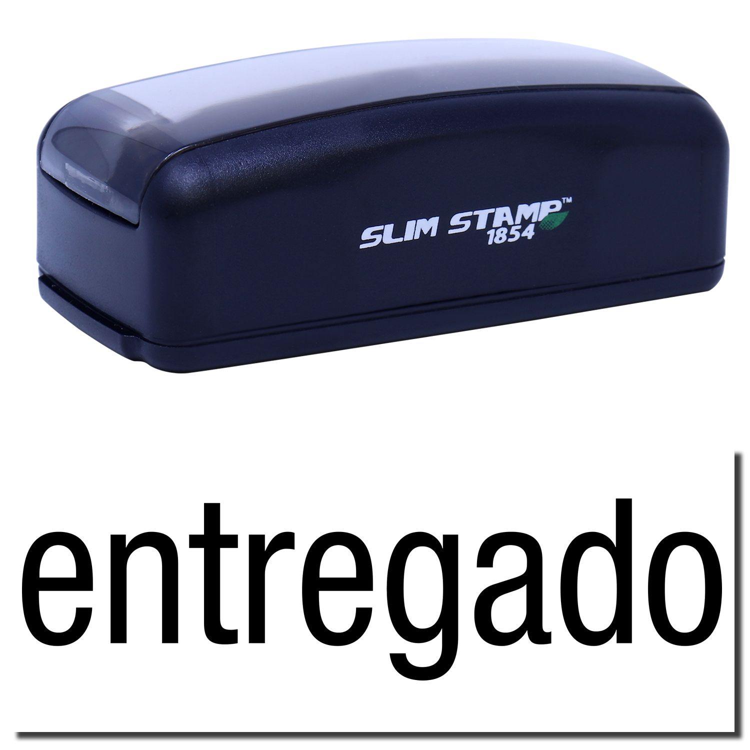 Large Pre-Inked Entregado Stamp in black with entregado text below. Compact design, labeled SLIM STAMP 1854.