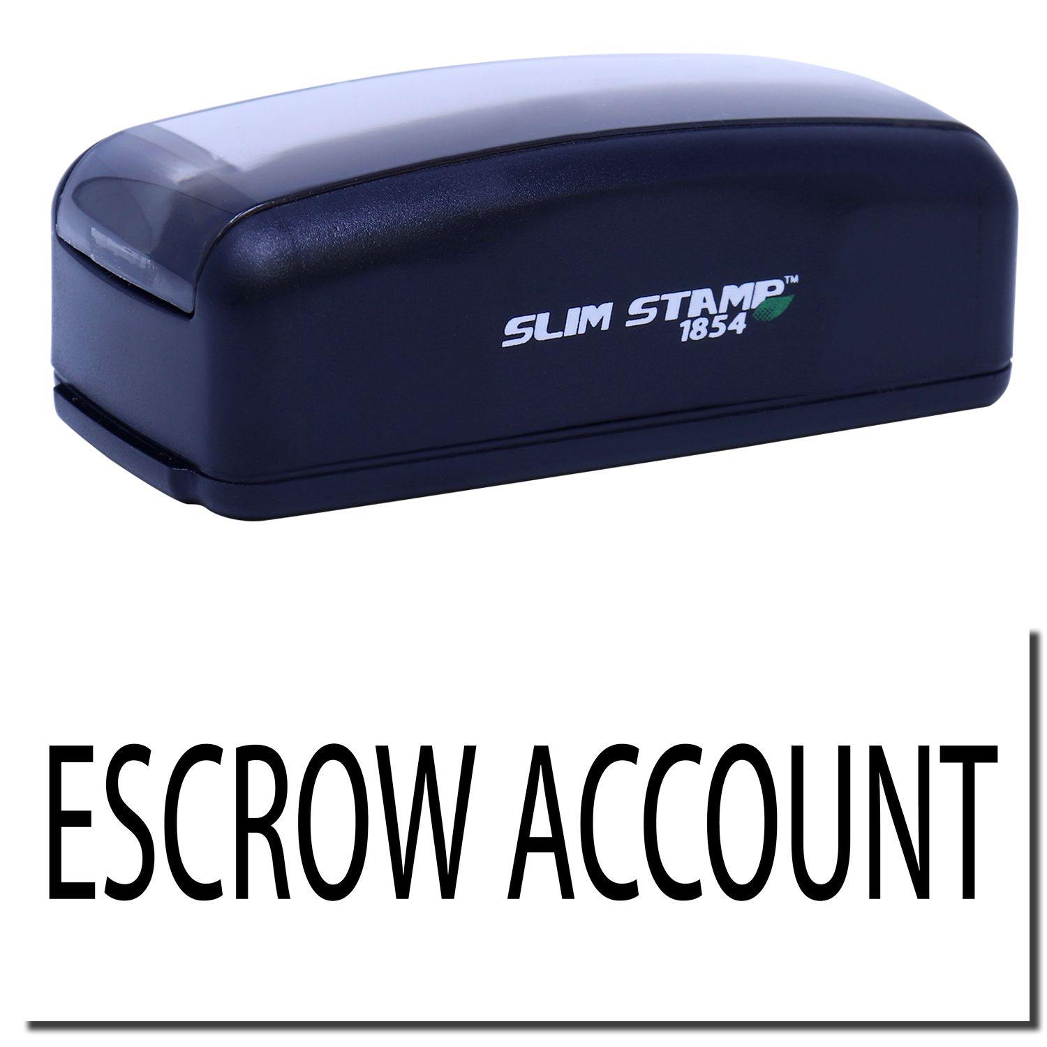 Large Pre-Inked Escrow Account Stamp in black with ESCROW ACCOUNT text. Compact design, labeled SLIM STAMP 1854 on the side.