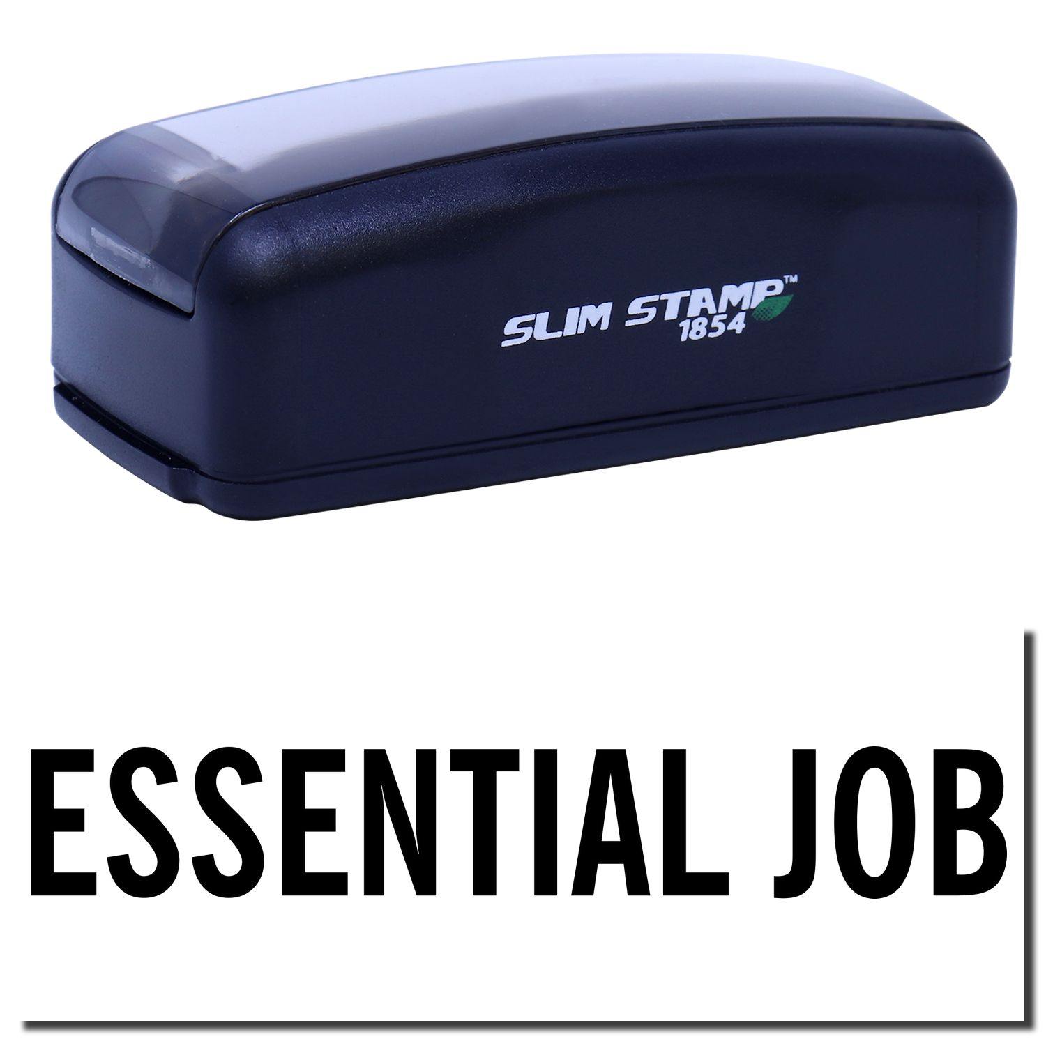 Large Pre-Inked Essential Job Stamp in black with ESSENTIAL JOB text, featuring a compact design and SLIM STAMP 1854 branding.