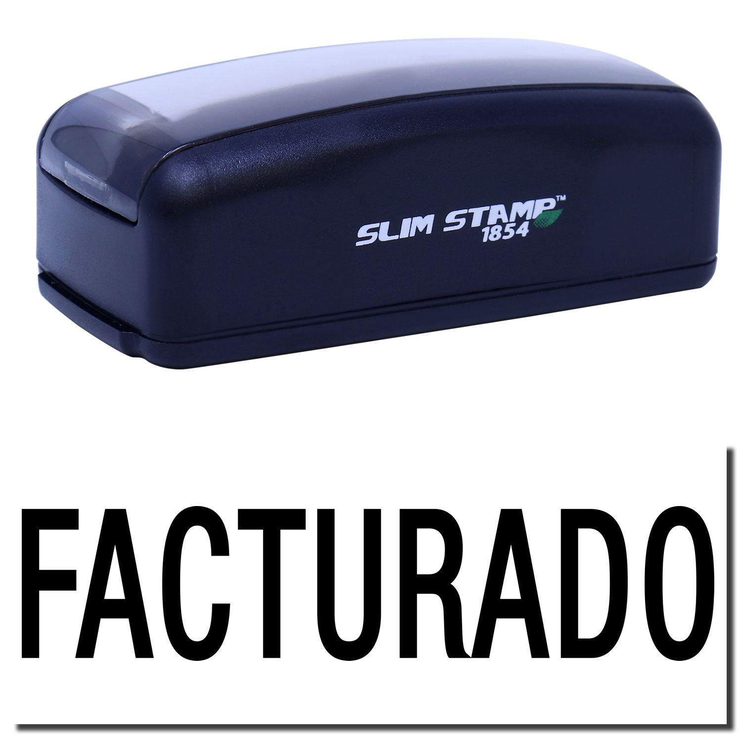 Large Pre-Inked Facturado Stamp in black, featuring a sleek design with SLIM STAMP 1854 branding, and the word FACTURADO stamped below.