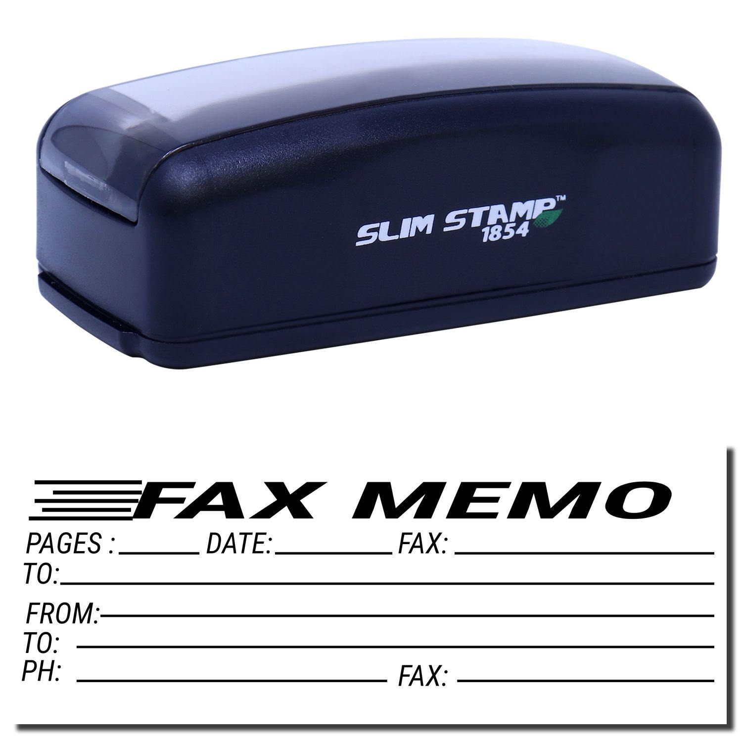 Large Pre-Inked Fax Memo Stamp in black with FAX MEMO template showing fields for pages, date, fax, to, from, phone, and fax numbers.