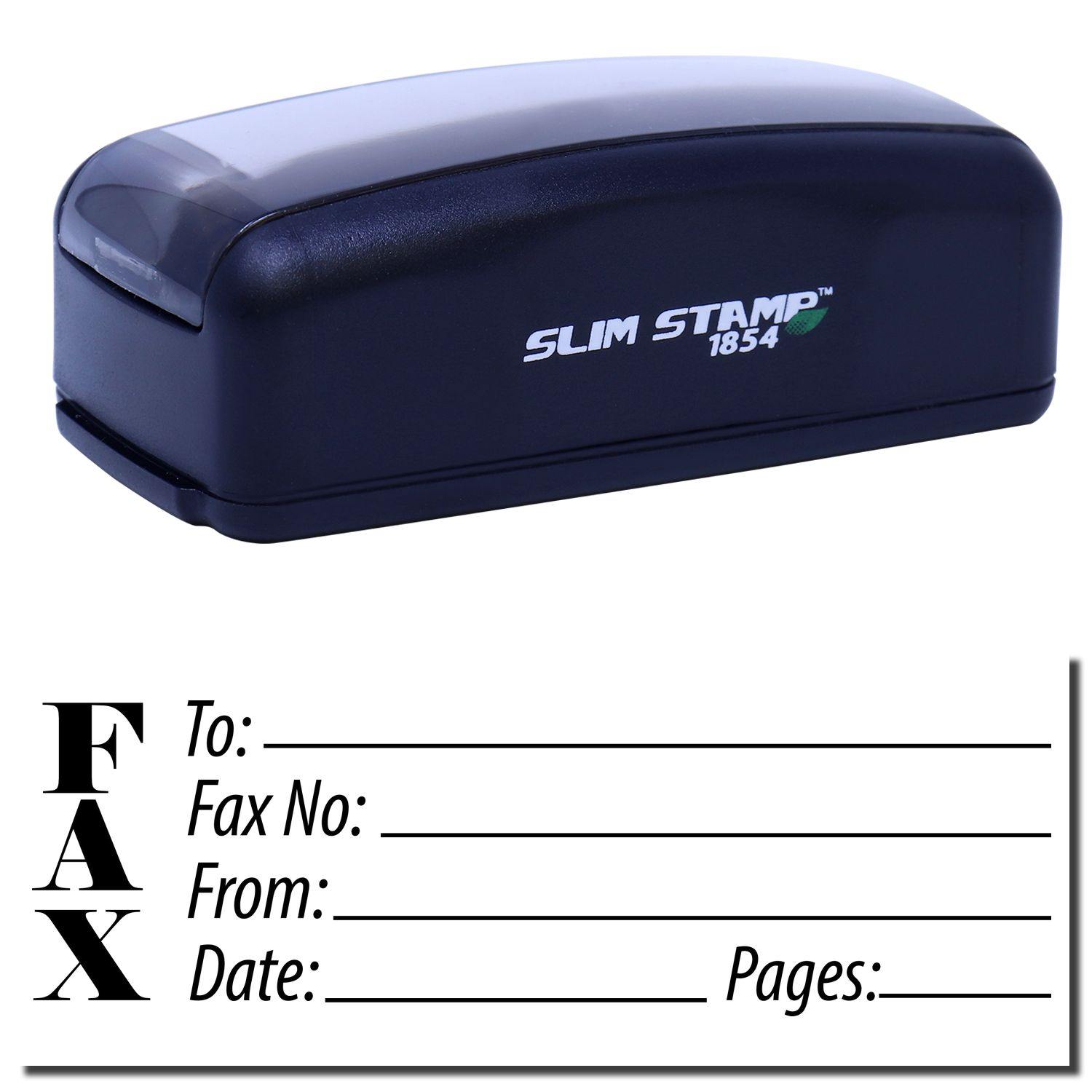 Large Pre-Inked Fax Stamp in black with FAX form below for To, Fax No, From, Date, and Pages.