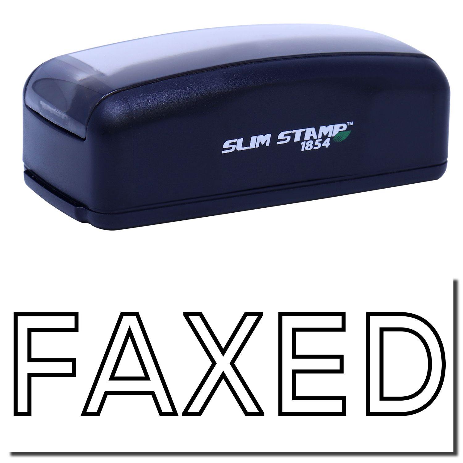 Large Pre-Inked Faxed Stamp in black with FAXED text imprint and date box, featuring a compact design and Slim Stamp 1854 branding.