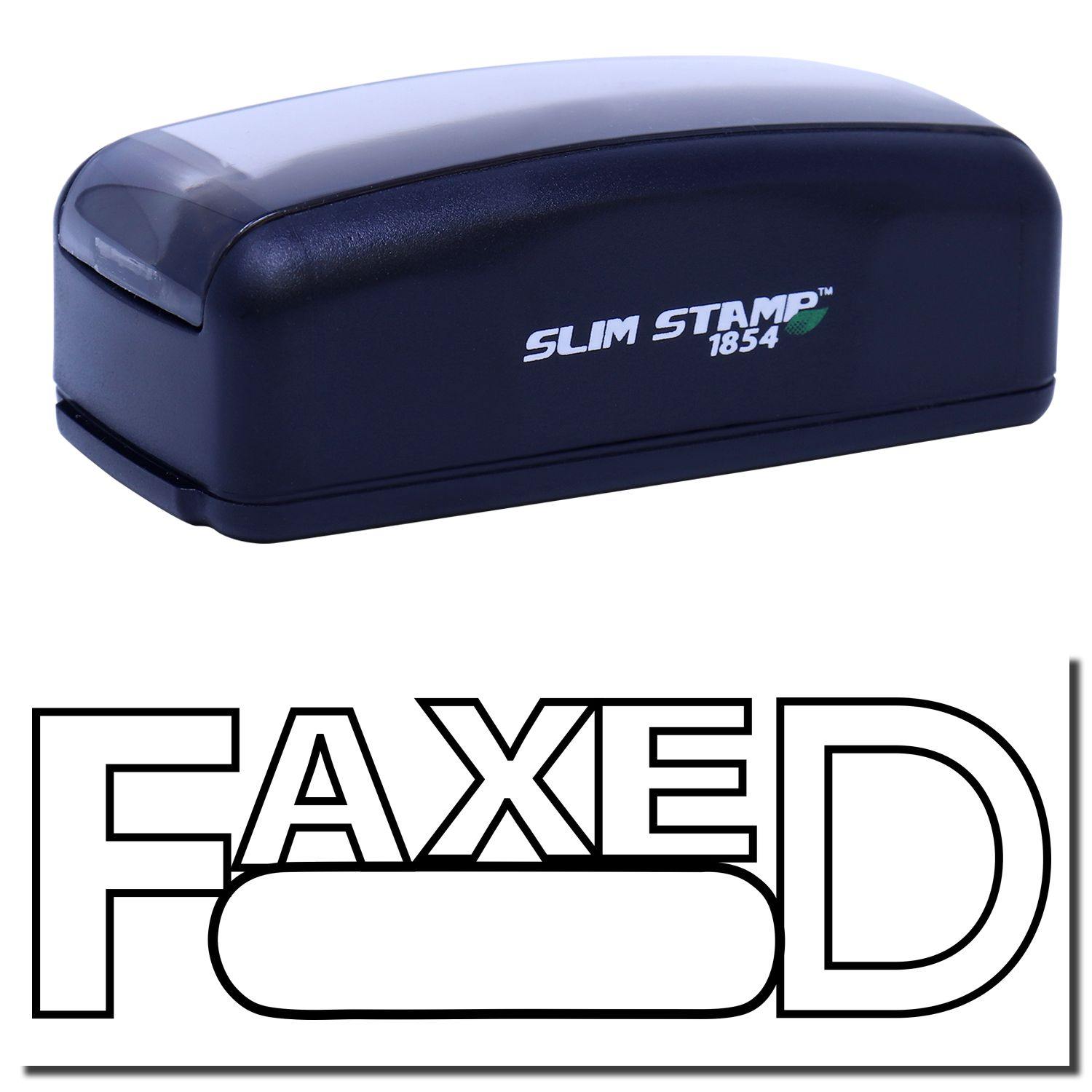 A large pre-inked stamp with a stamped image showing how the text FAXED in an outline font with a round date box is displayed after stamping.