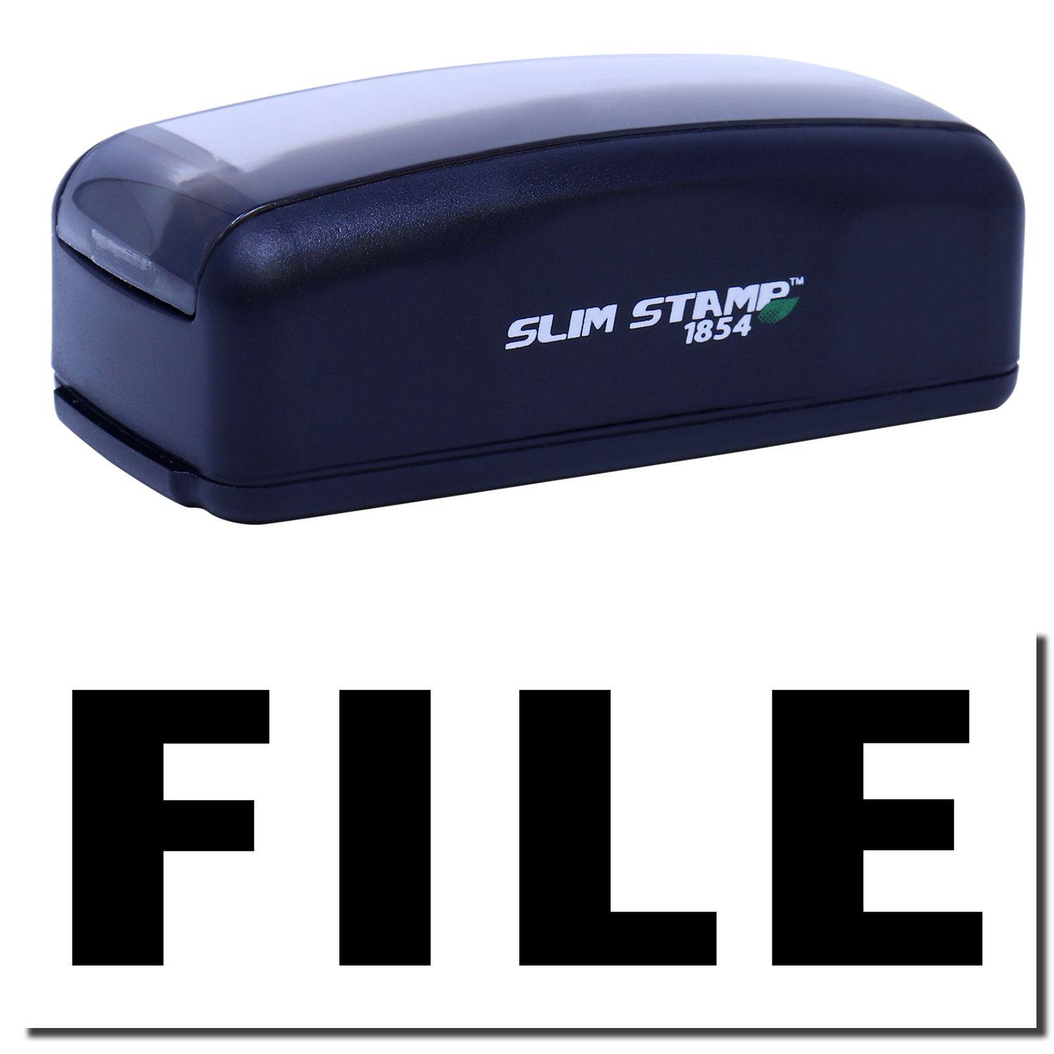 Large Pre-Inked File Stamp in black with SLIM STAMP 1854 branding, shown above a bold FILE imprint.