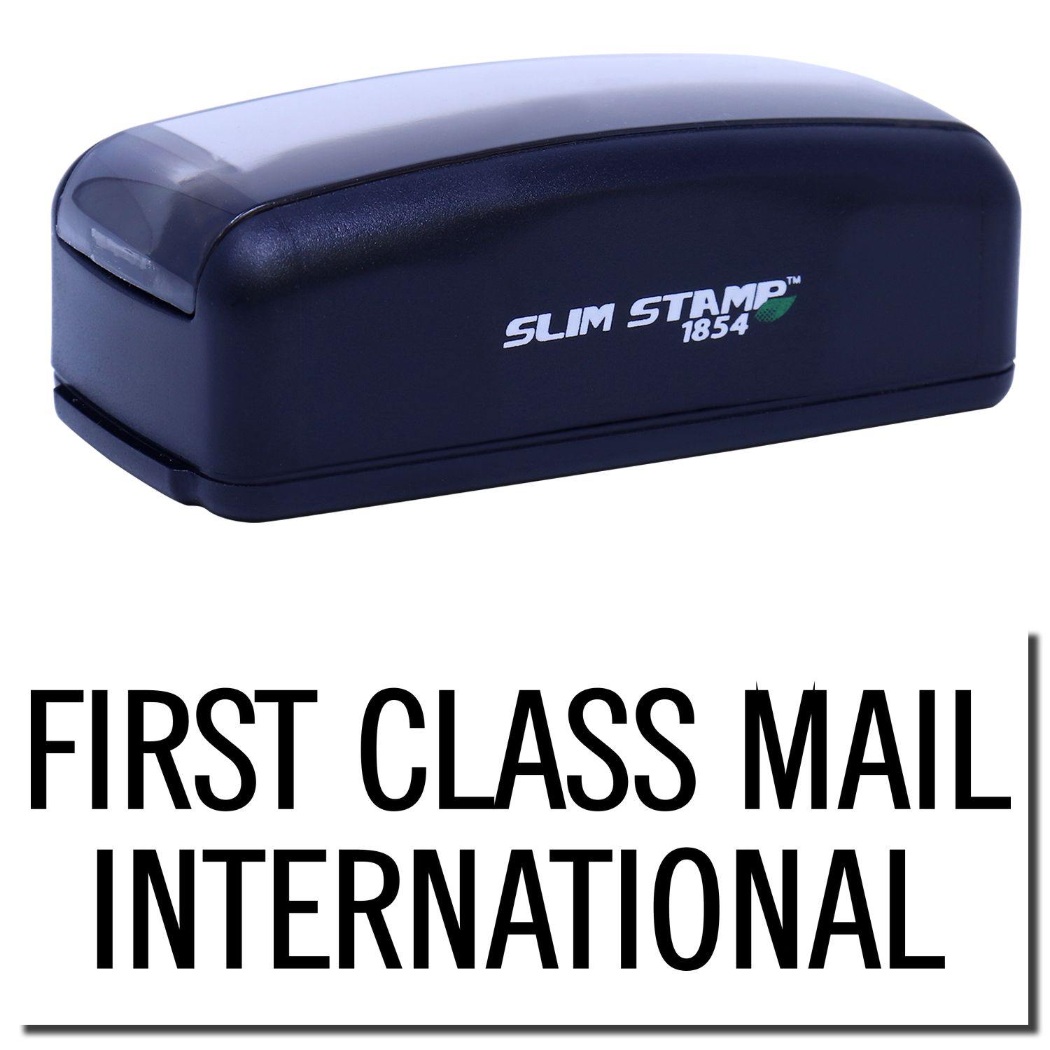 Large Pre-Inked First Class Mail International Stamp in black, featuring a compact design with SLIM STAMP 1854 branding on the side.