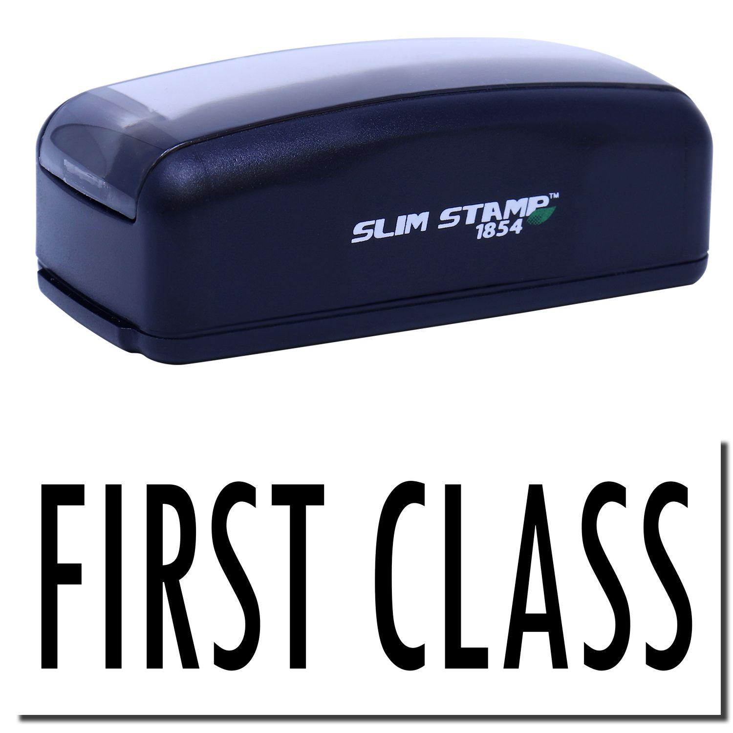 Large Pre-Inked First Class Stamp in black with SLIM STAMP 1854 branding, shown above a bold FIRST CLASS imprint.