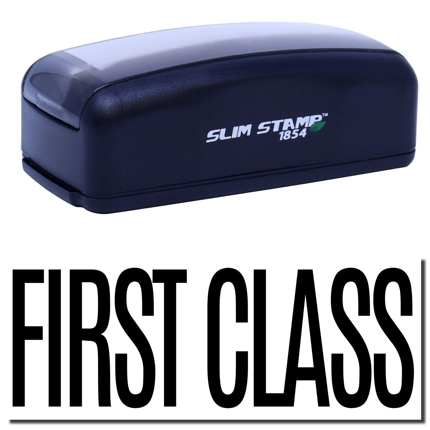 Large Pre-Inked First Class Stamp in black with SLIM STAMP 1854 branding, shown above a bold FIRST CLASS imprint.