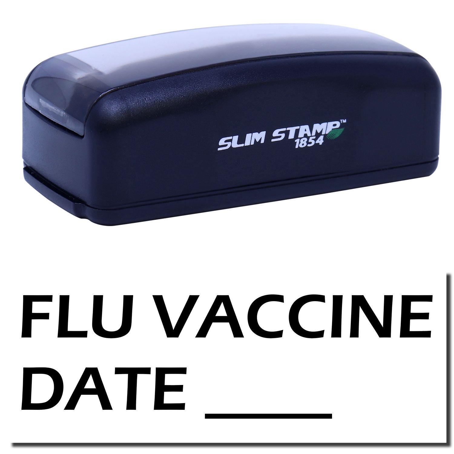 Large Pre-Inked Flu Vaccine Date Stamp in black with FLU VACCINE DATE text and a blank line for date entry.