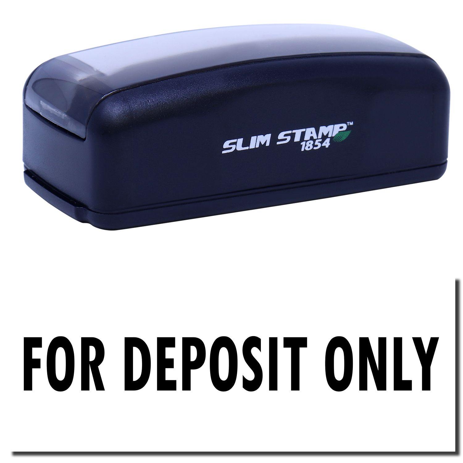 Large Pre-Inked For Deposit Only Stamp in black with FOR DEPOSIT ONLY text below. Compact design, ideal for banking and financial use.