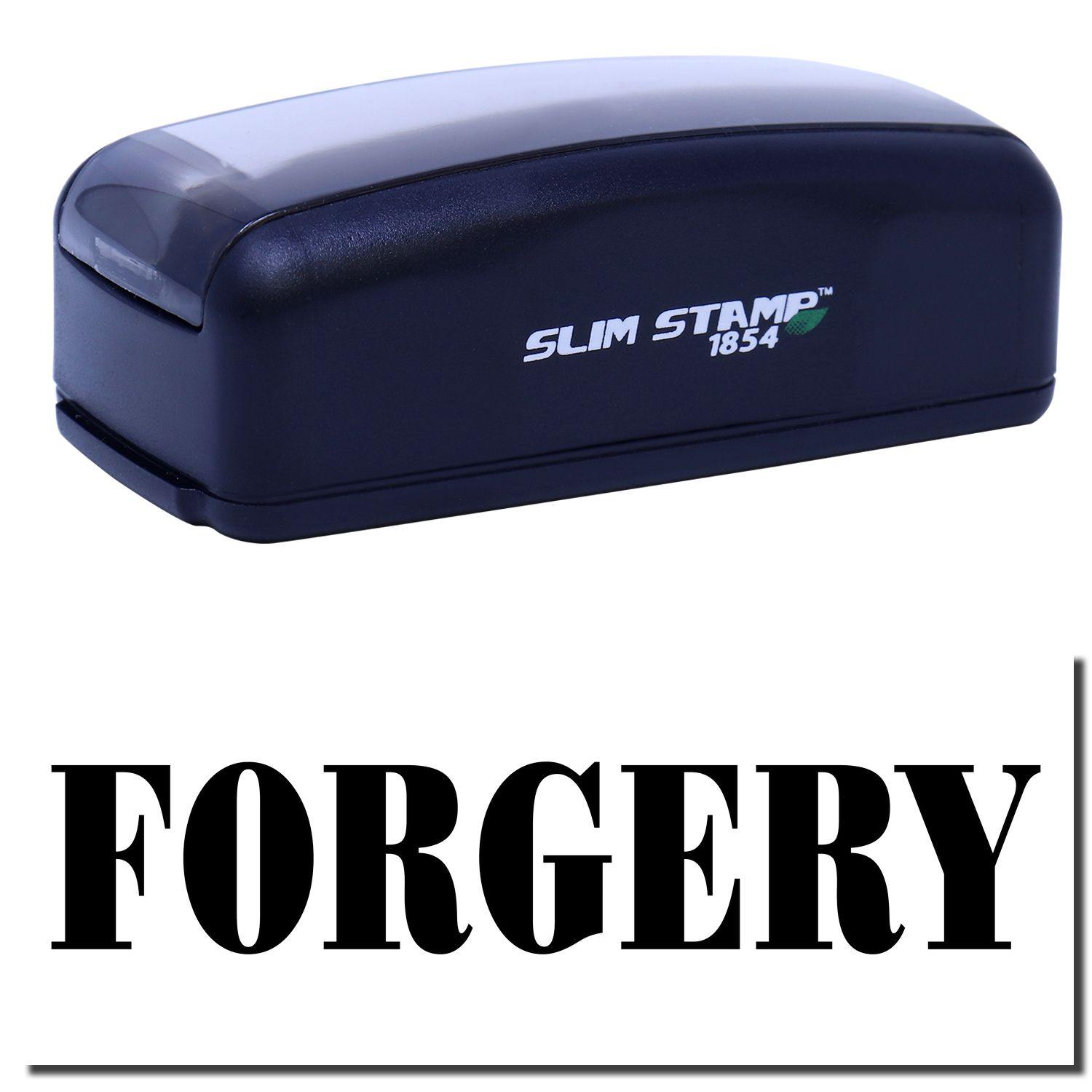 Large Pre-Inked Forgery Stamp with black casing and SLIM STAMP 1854 branding, shown with the word FORGERY stamped below.