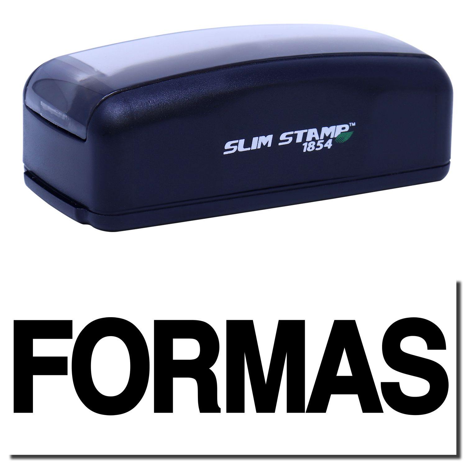 Large Pre-Inked Formas Stamp in black, featuring a sleek design with SLIM STAMP 1854 text on the side, shown above the word FORMAS .