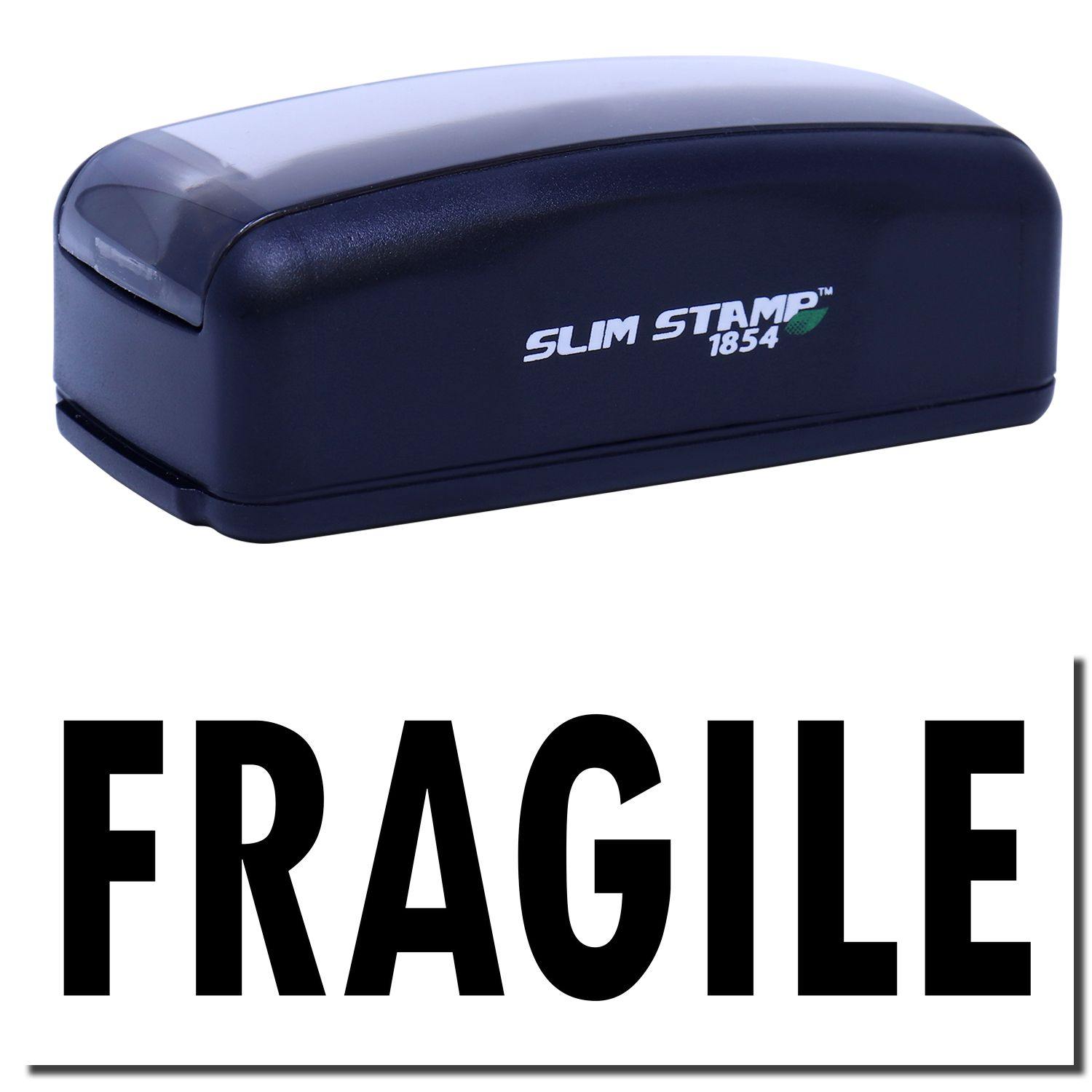 Large Pre-Inked Fragile Stamp in black with SLIM STAMP 1854 branding, shown above a bold FRAGILE imprint.