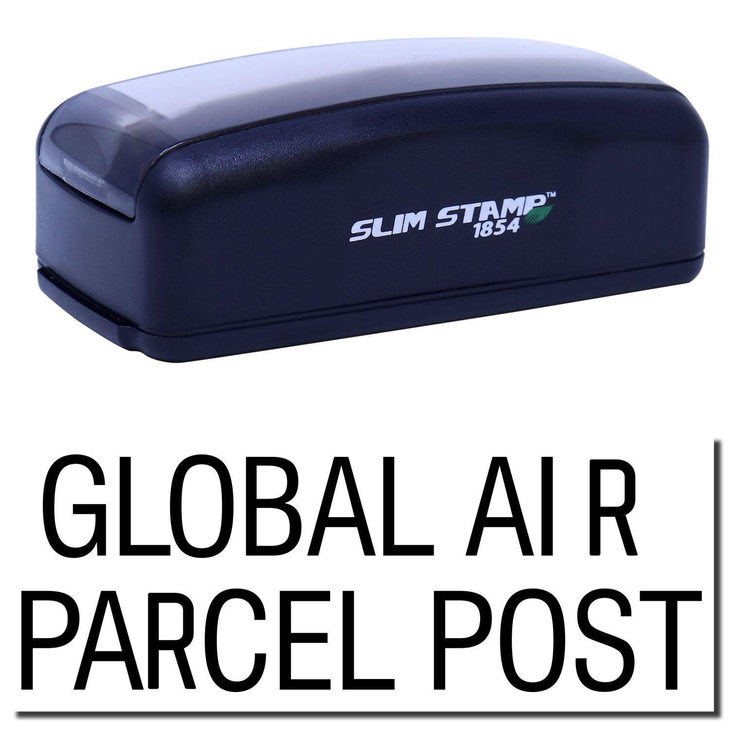 Large Pre-Inked Global Air Parcel Post Stamp in black, featuring a compact design with SLIM STAMP 1854 branding on the side.