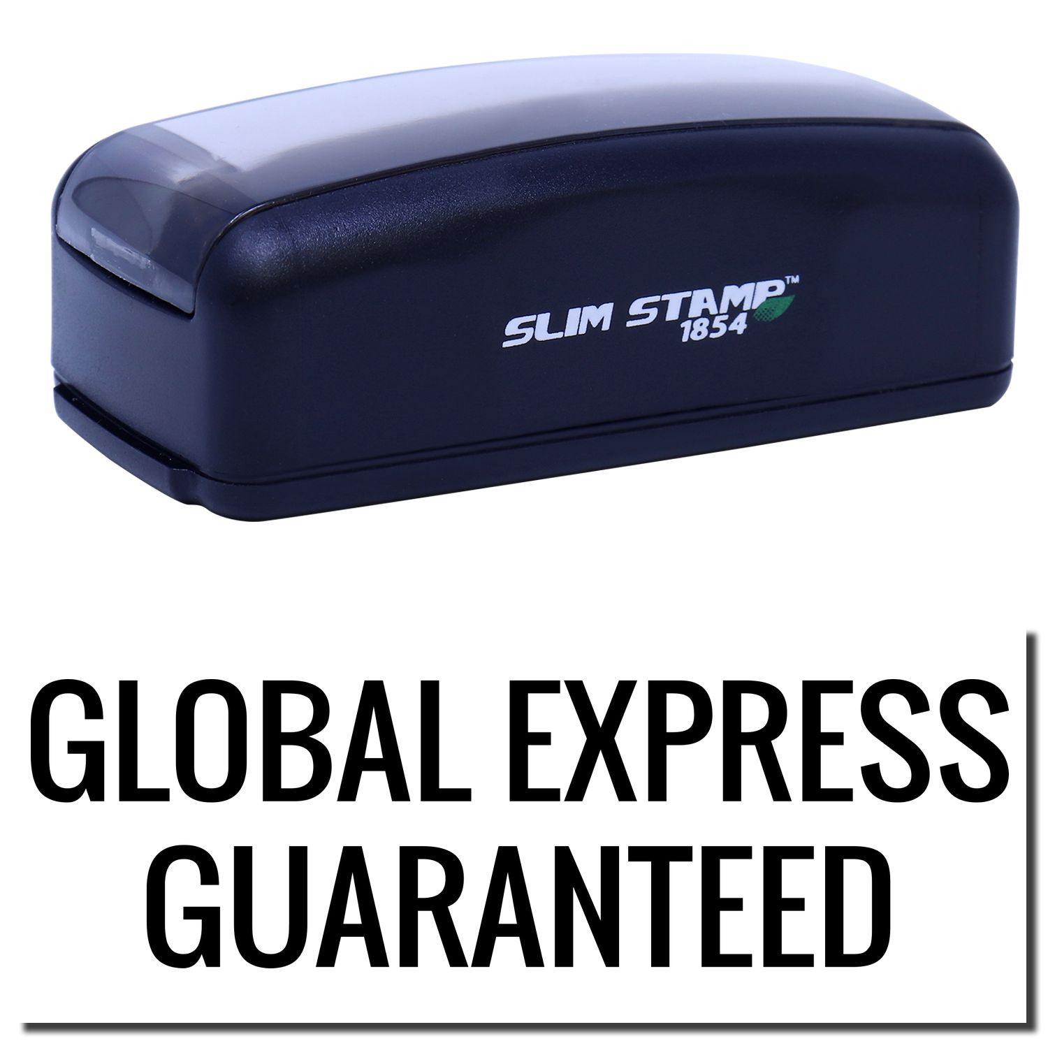 Large Pre-Inked Global Express Guaranteed Stamp in black, featuring a sleek design with SLIM STAMP 1854 branding on the side.