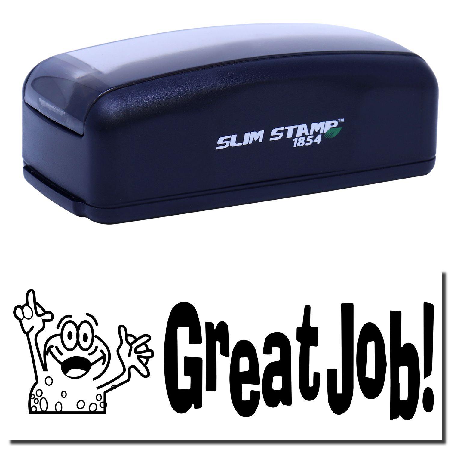 Large Pre-Inked Great Job Stamp with black casing and Great Job! text with a cartoon character.