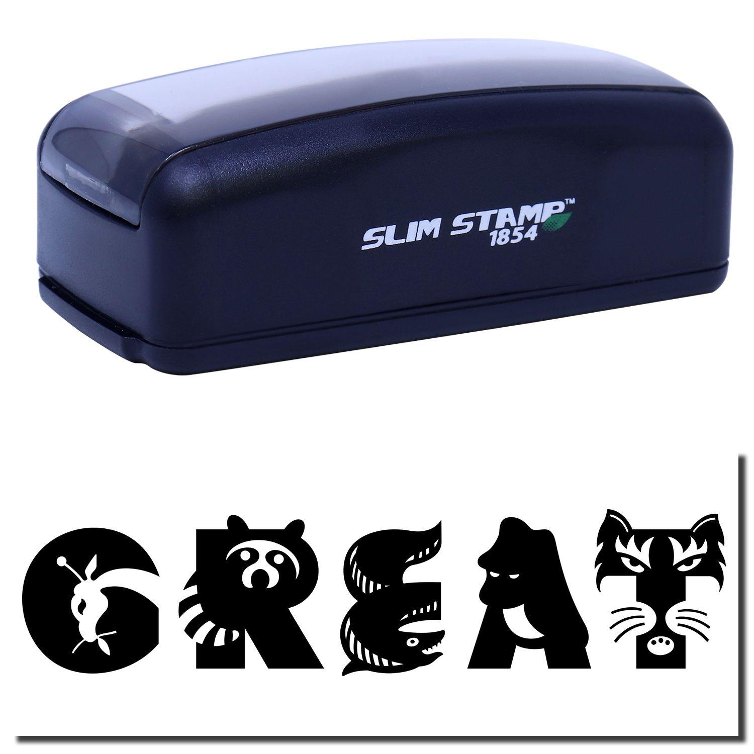 Large Pre-Inked Great Stamp in black with SLIM STAMP 1854 text, shown above the word GREAT in creative animal-themed letters.