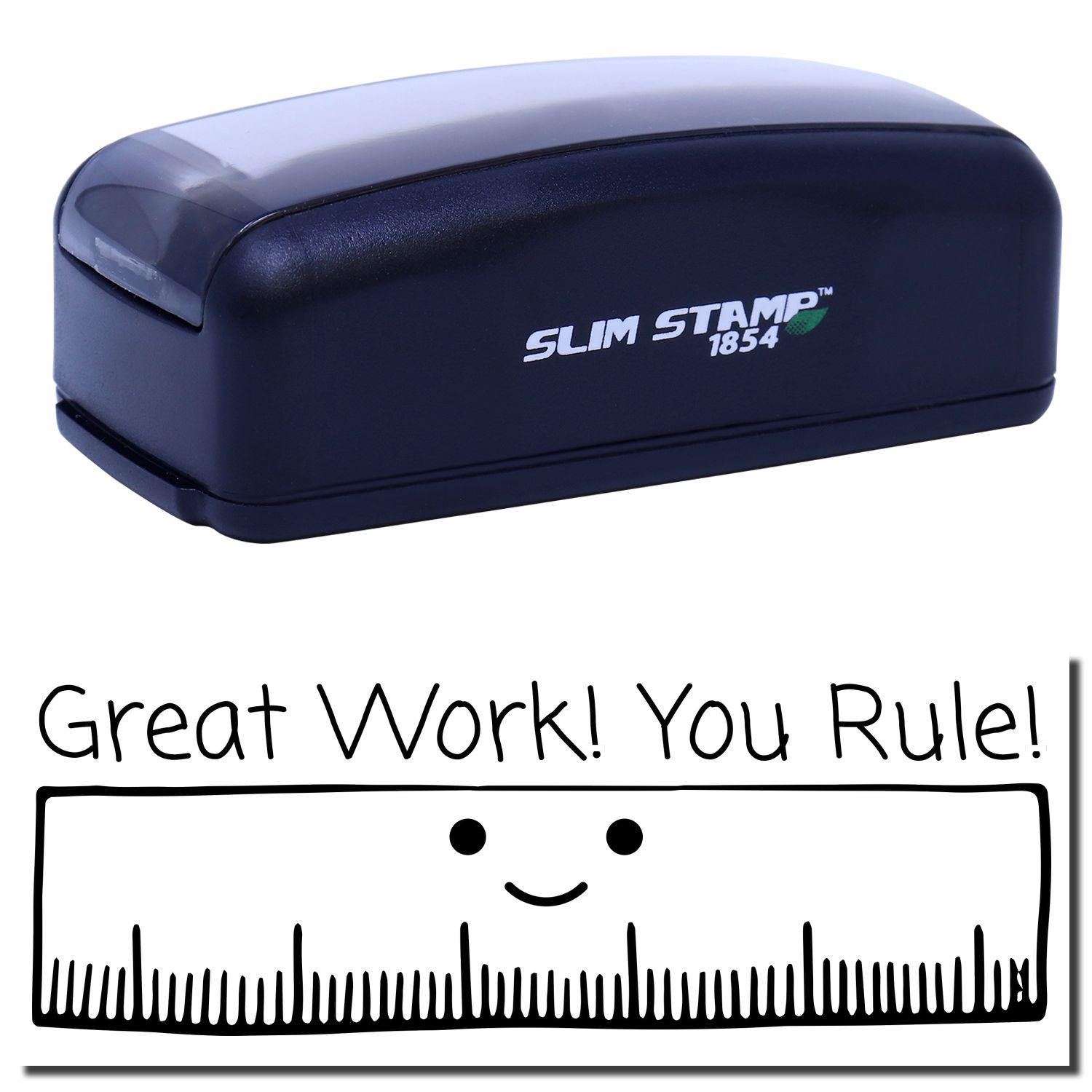 Large Pre-Inked Great Work You Rule Stamp with a black casing and a smiling ruler design, featuring the text Great Work! You Rule!