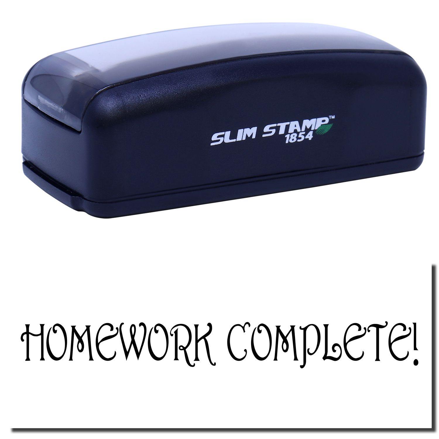 Large Pre-Inked Homework Complete Stamp in black with HOMEWORK COMPLETE! text stamped below.