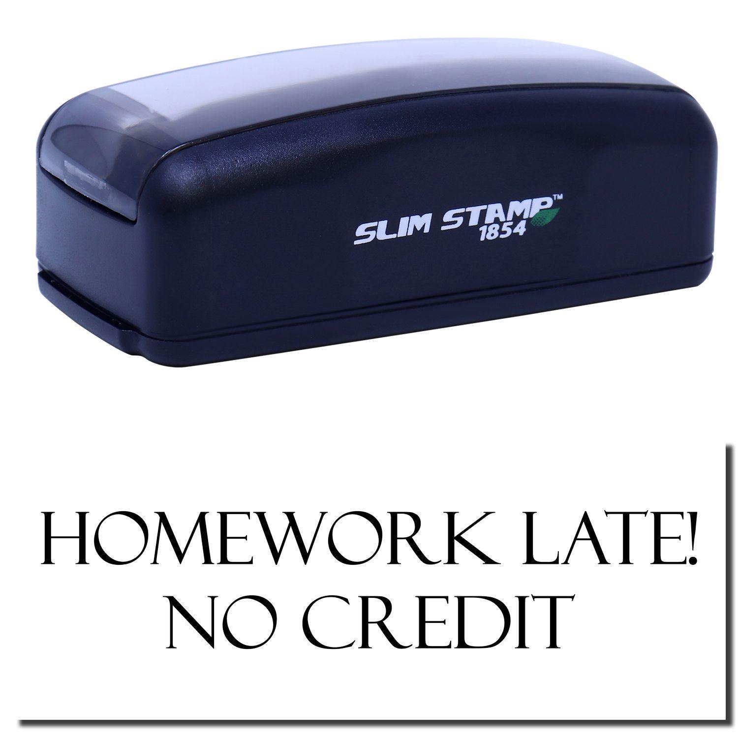 Large Pre-Inked Homework Late No Credit Stamp in black with HOMEWORK LATE! NO CREDIT text displayed below the stamp.