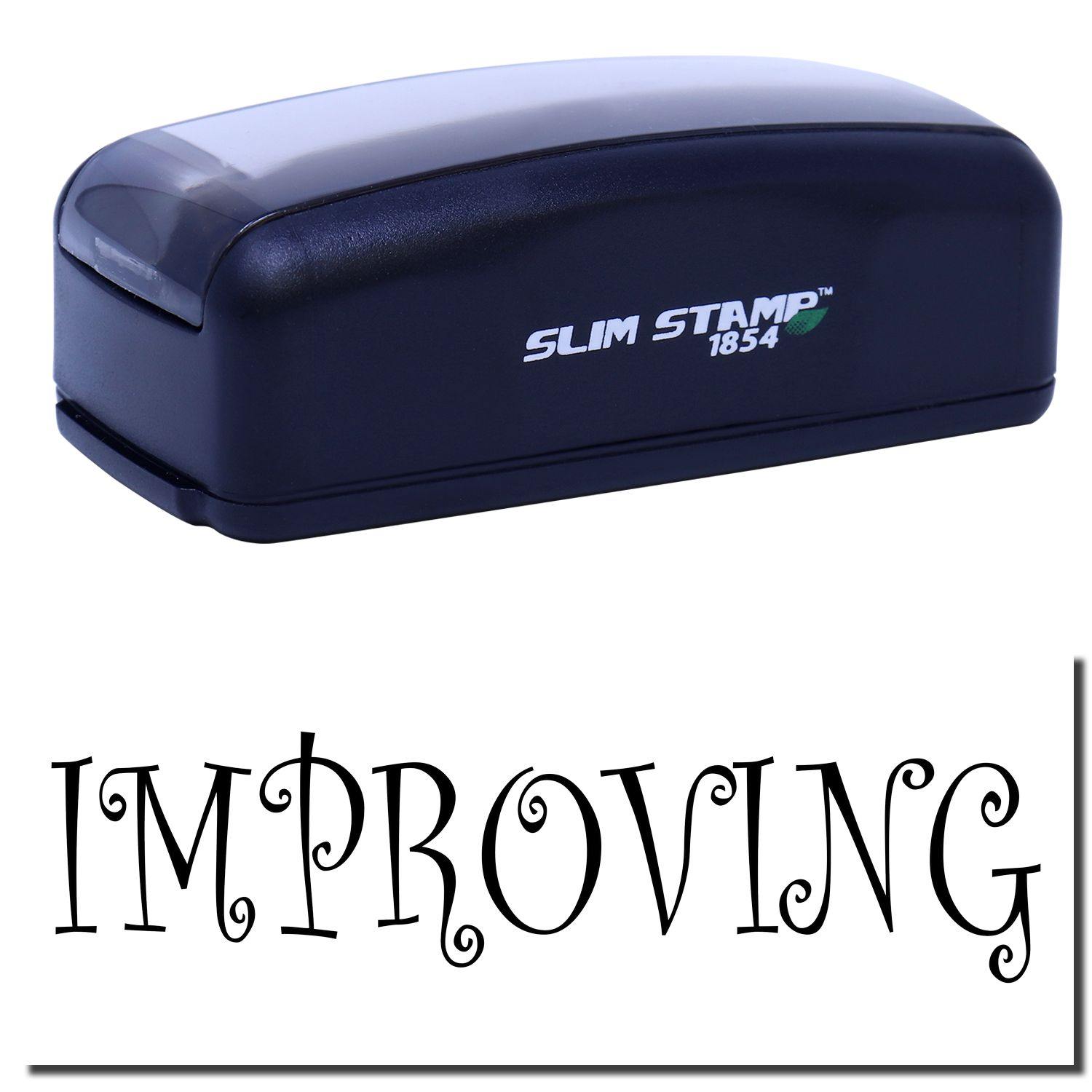 Large Pre-Inked Improving Stamp with black casing, labeled "SLIM STAMP 1854," and the word "IMPROVING" stamped below.