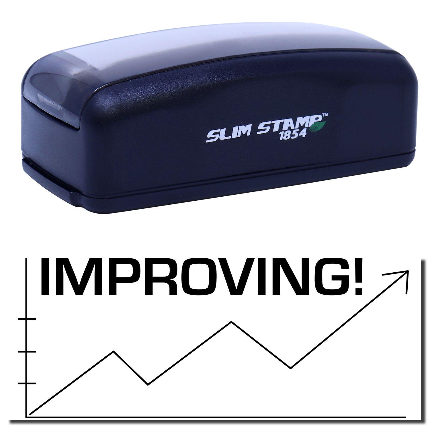 Large Pre-Inked Improving with Chart Icon Stamp, black, with IMPROVING! text and upward trend chart icon, Slim Stamp 1854 model.